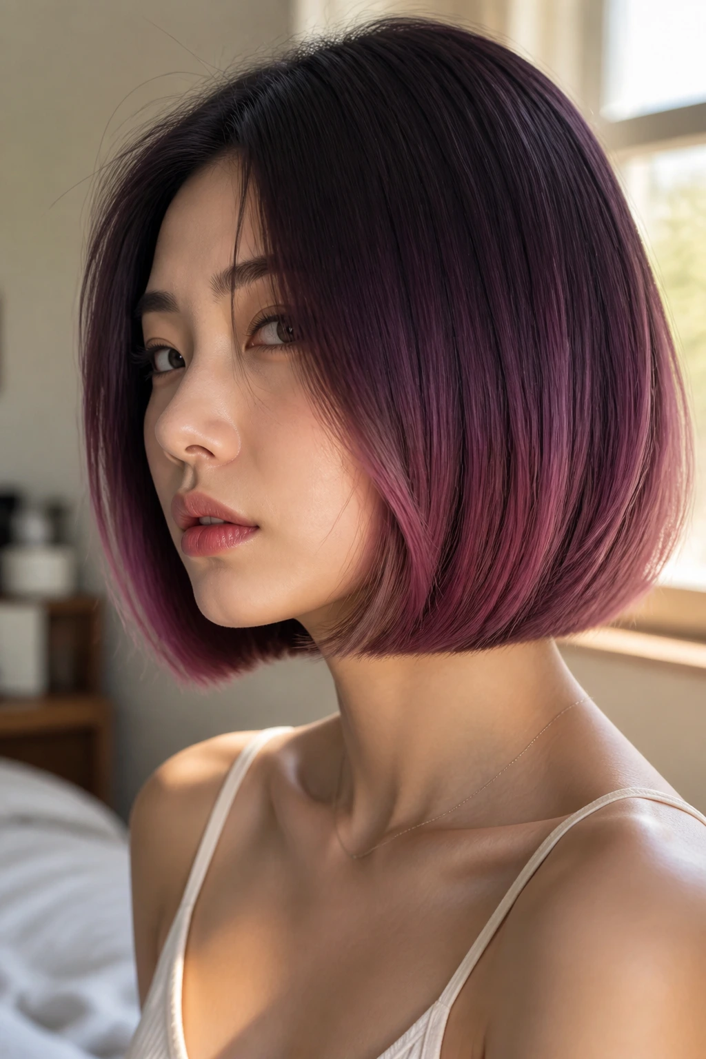 Close-up of a real Asian woman with a deep-colored gradient bob in plum tones