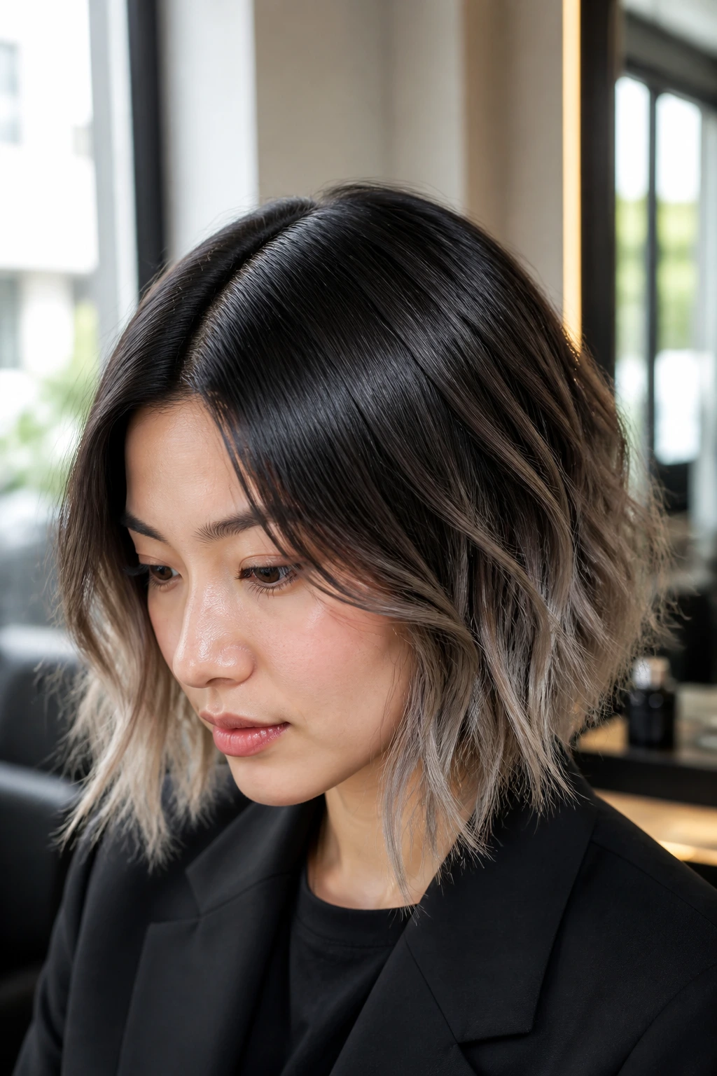 Close-up of hair gradient from glossy roots to textured ends on a real person