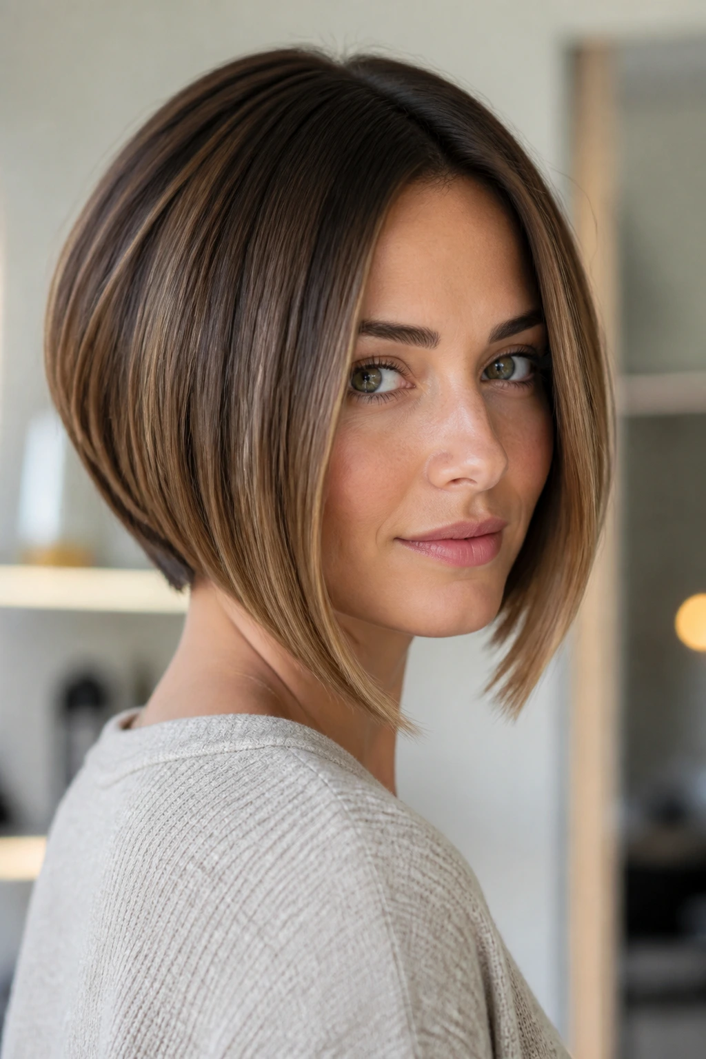 Portrait of real person with graduated A-Line bob showing front longer than back