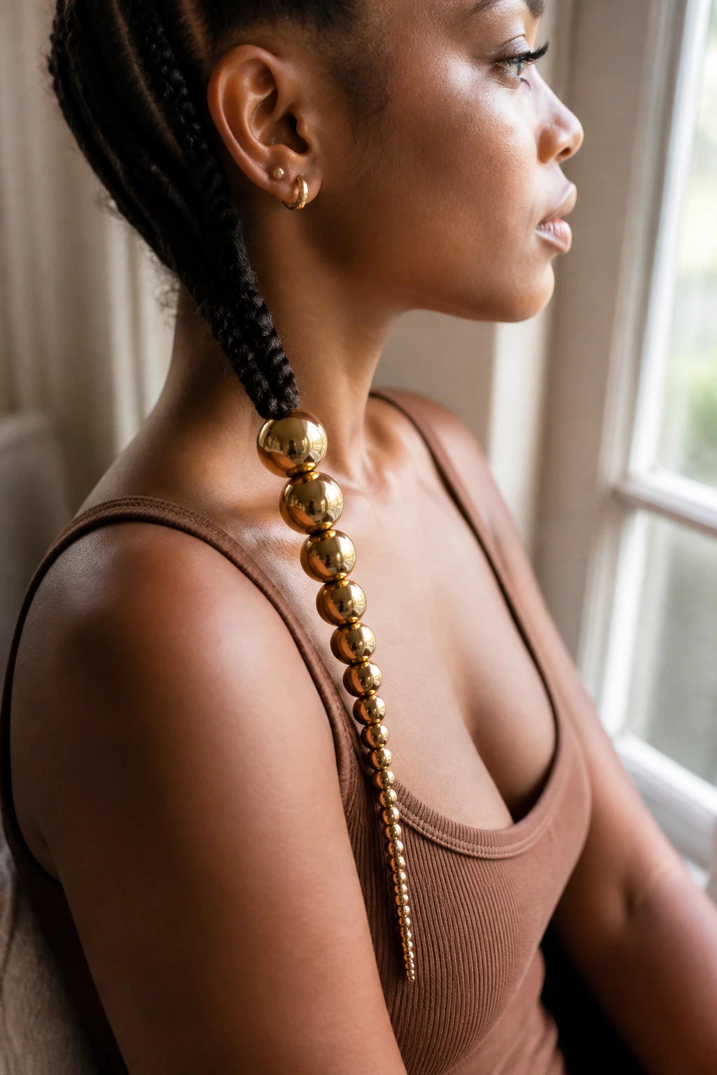 Close-up of a braid with graduated bead sizes forming a dynamic silhouette