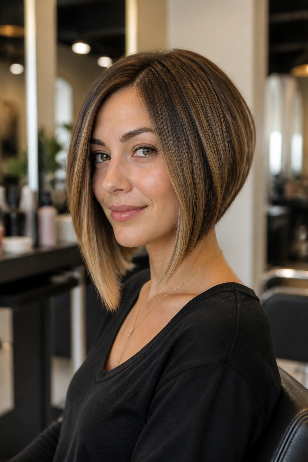 Portrait of a real woman with a graduated bob ending below the chin