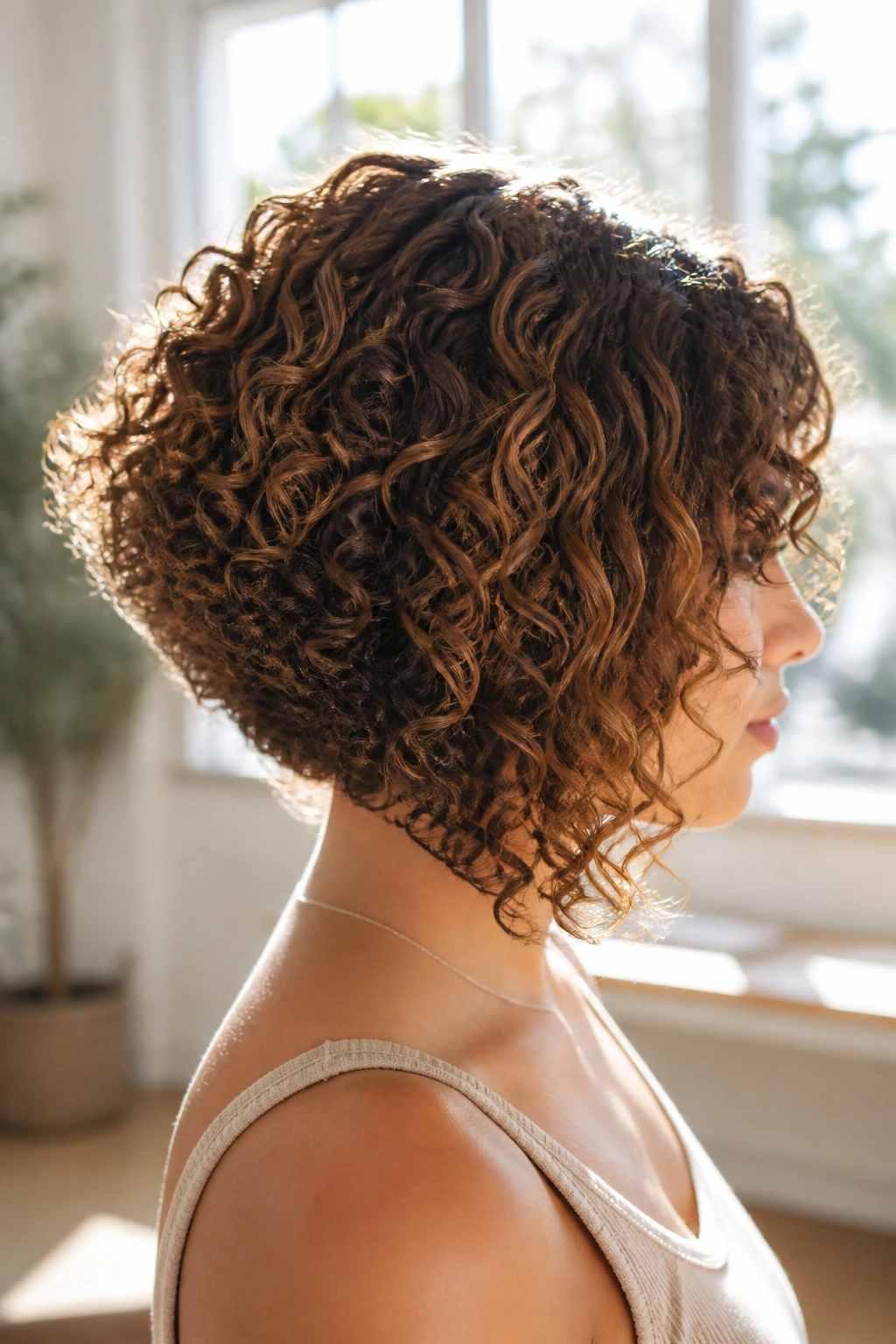 Close-up profile of a real person with a graduated bob on curly hair