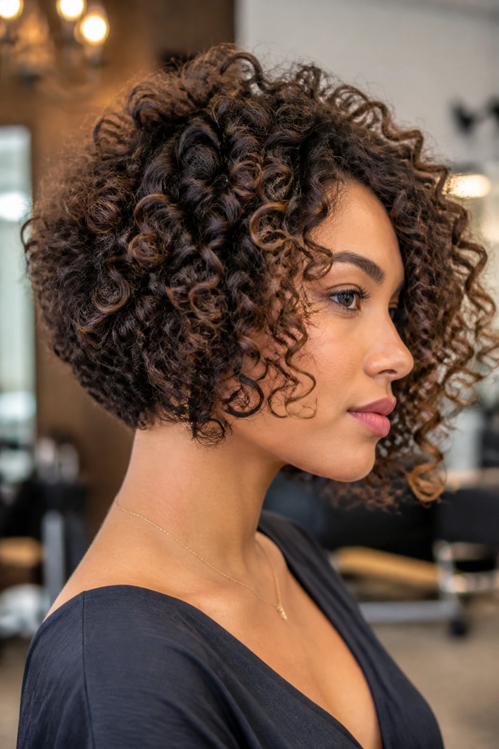 Close-up of a person with a graduated bob for tight curls