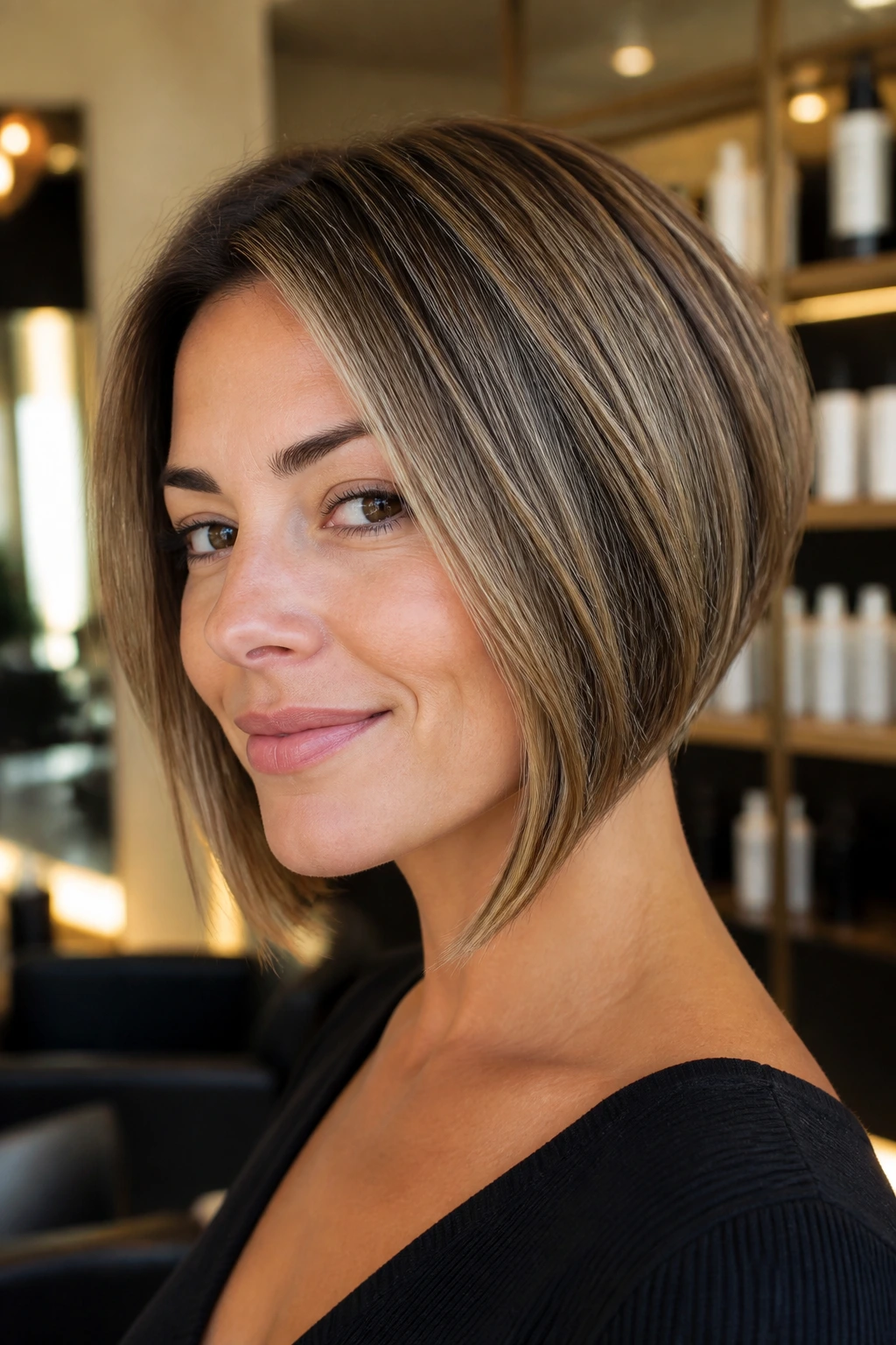 Close-up portrait of a real person with a graduated bob hairstyle