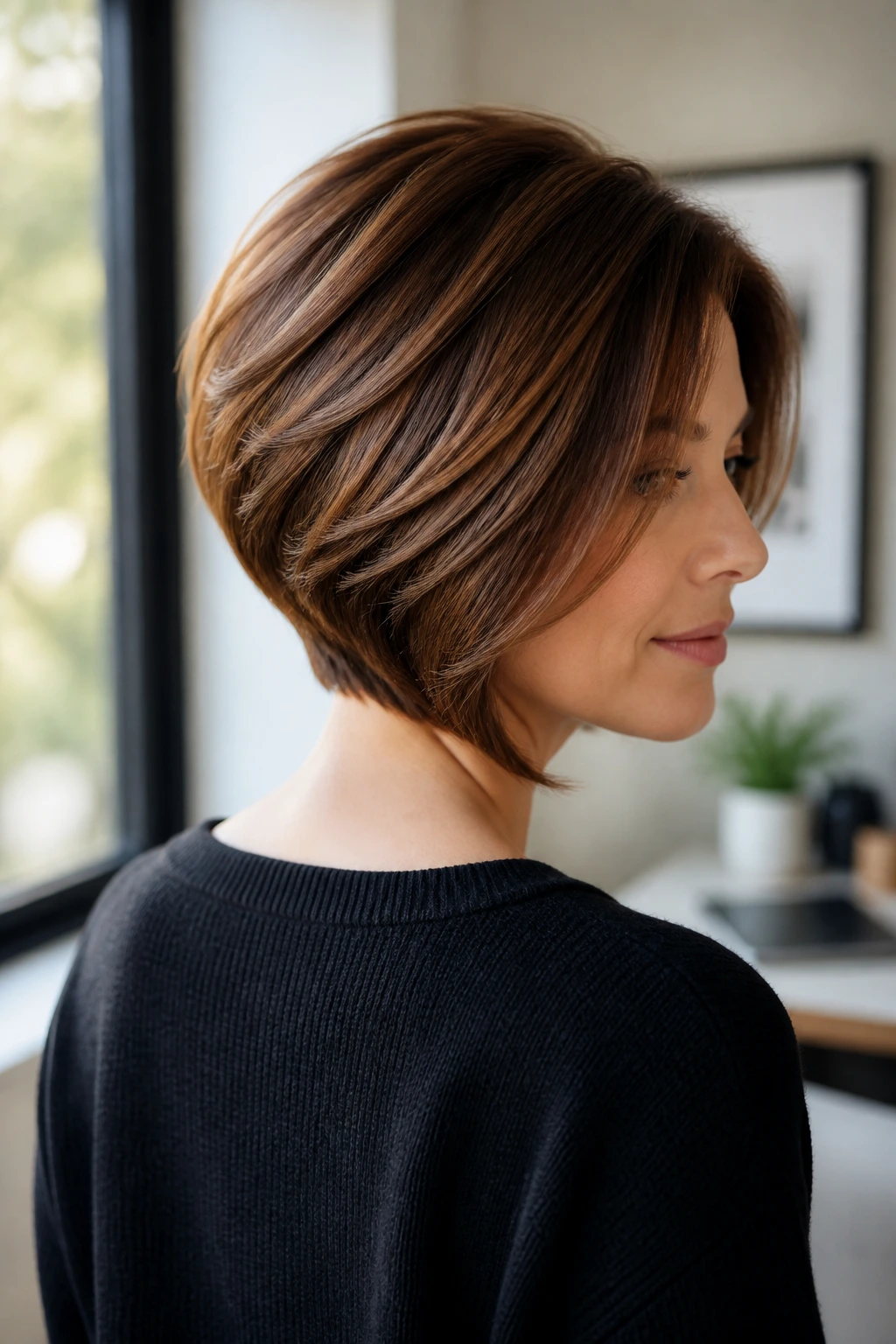 Three-quarter view of a woman with a graduated bob and deep layers