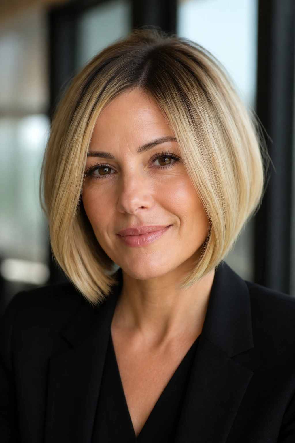 Close-up of a real woman with graduated bob and deep roots.