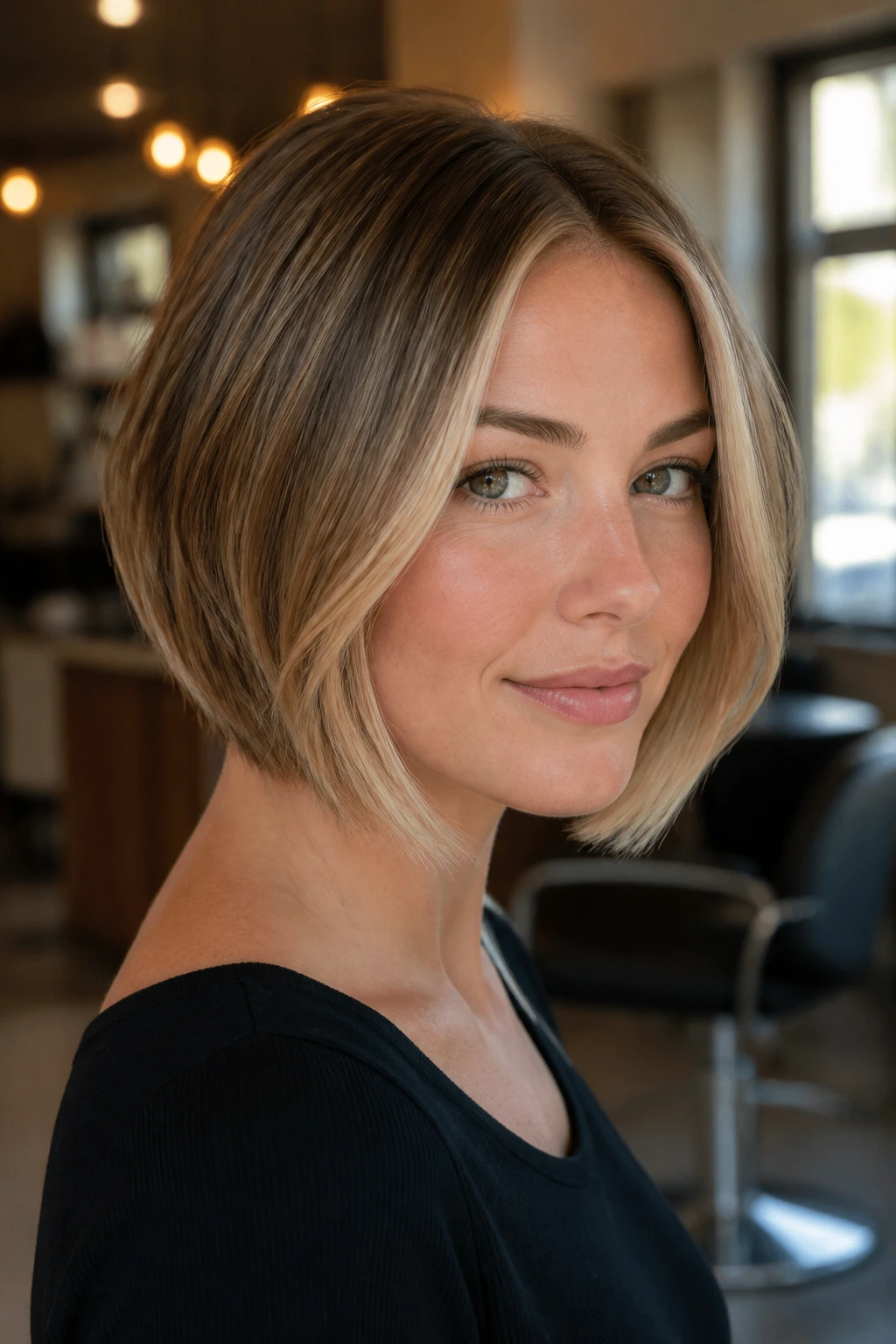 Close-up of a real woman with a graduated bob and face-framing bright blonde highlights