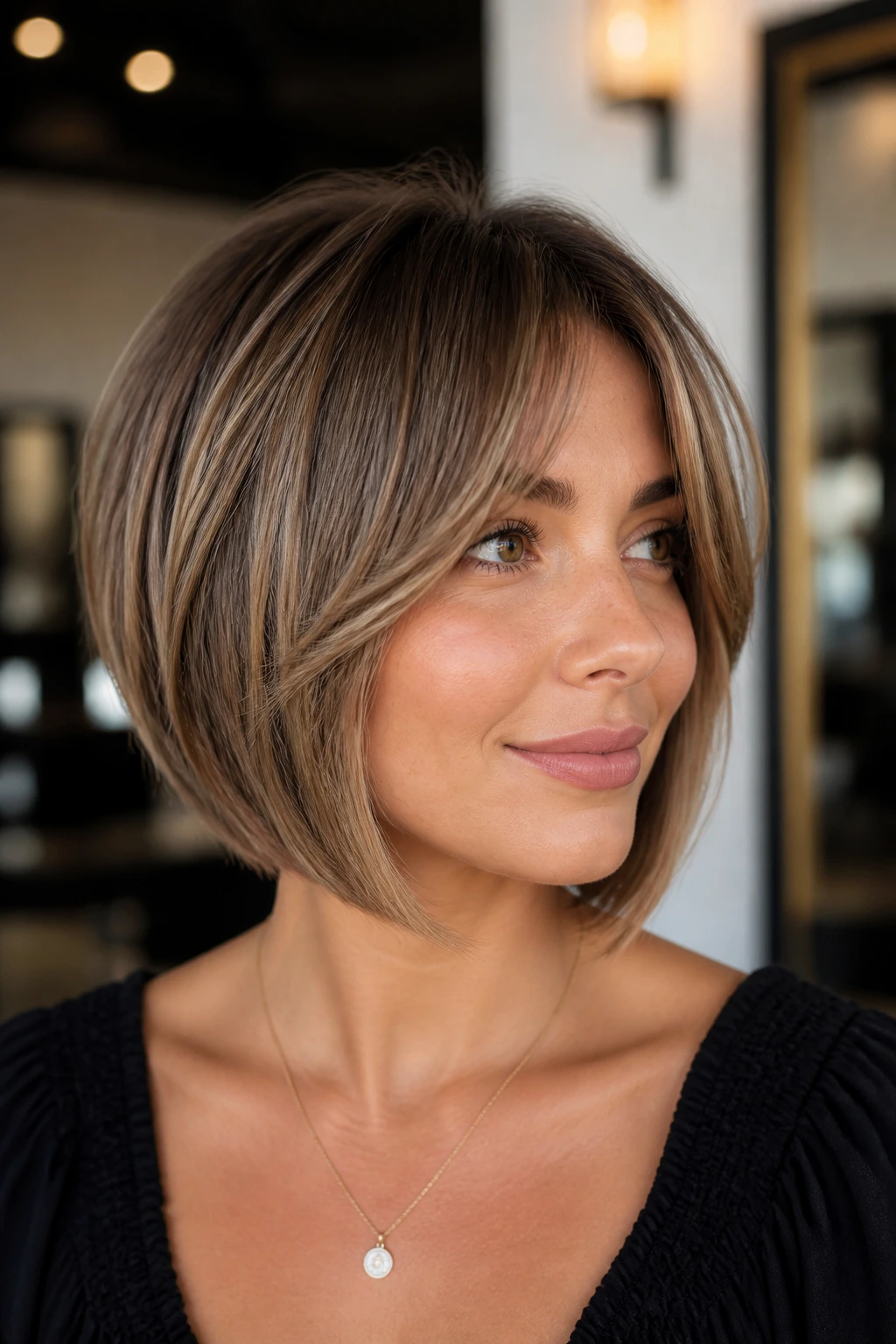 Portrait of a real woman with a graduated bob and face-framing layers.