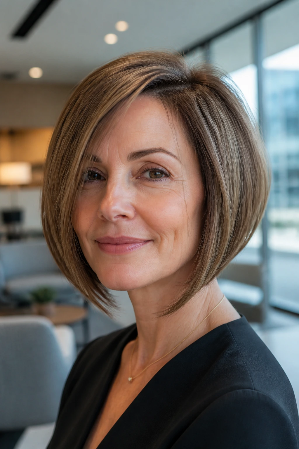Close-up of a woman with a graduated bob in a modern office setting