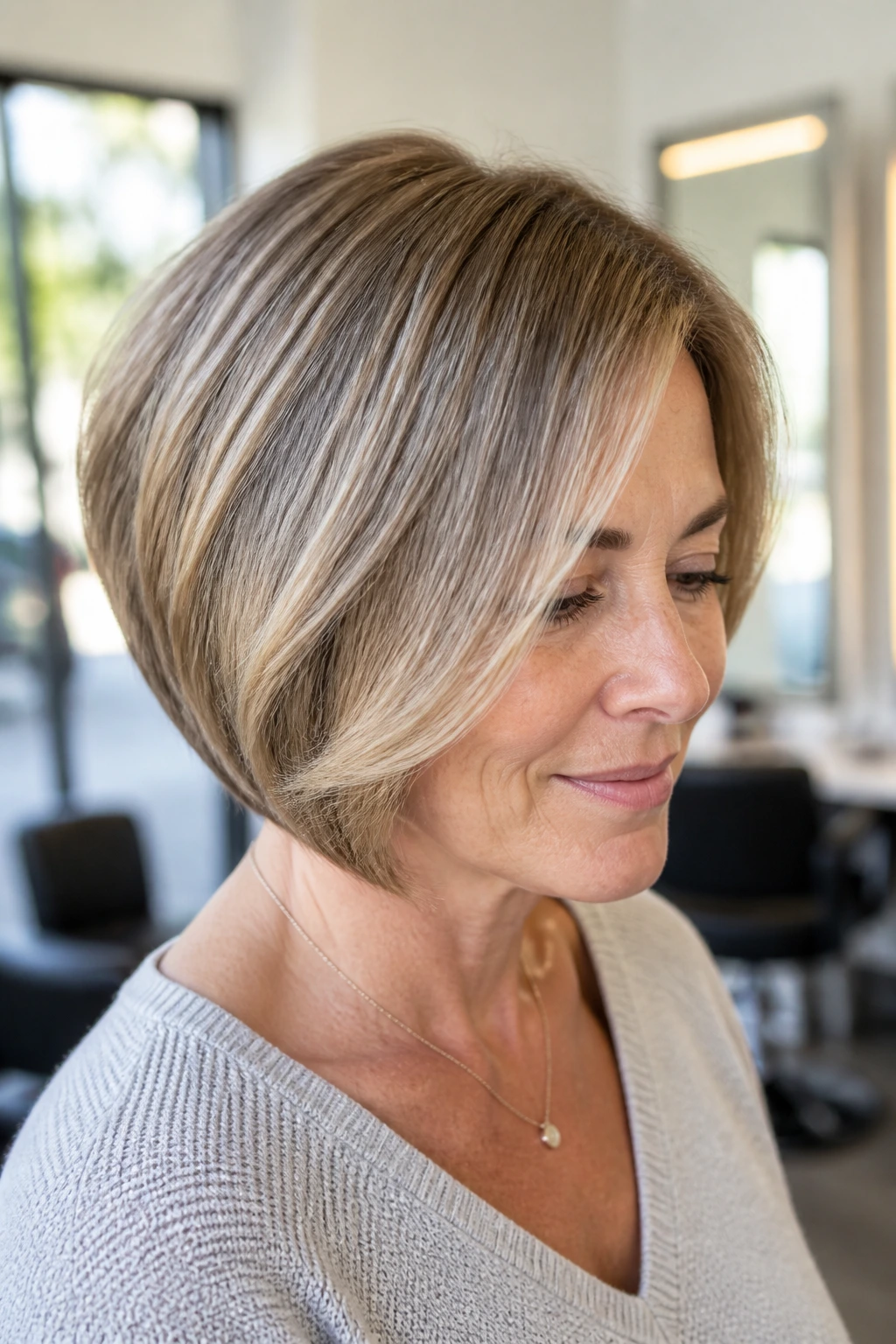 Close-up portrait of a woman with a graduated bob and soft edges