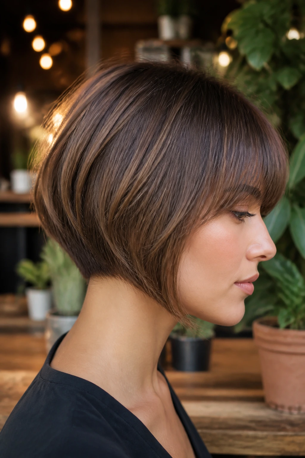 Profile view of a real woman with graduated bob and tapered ends