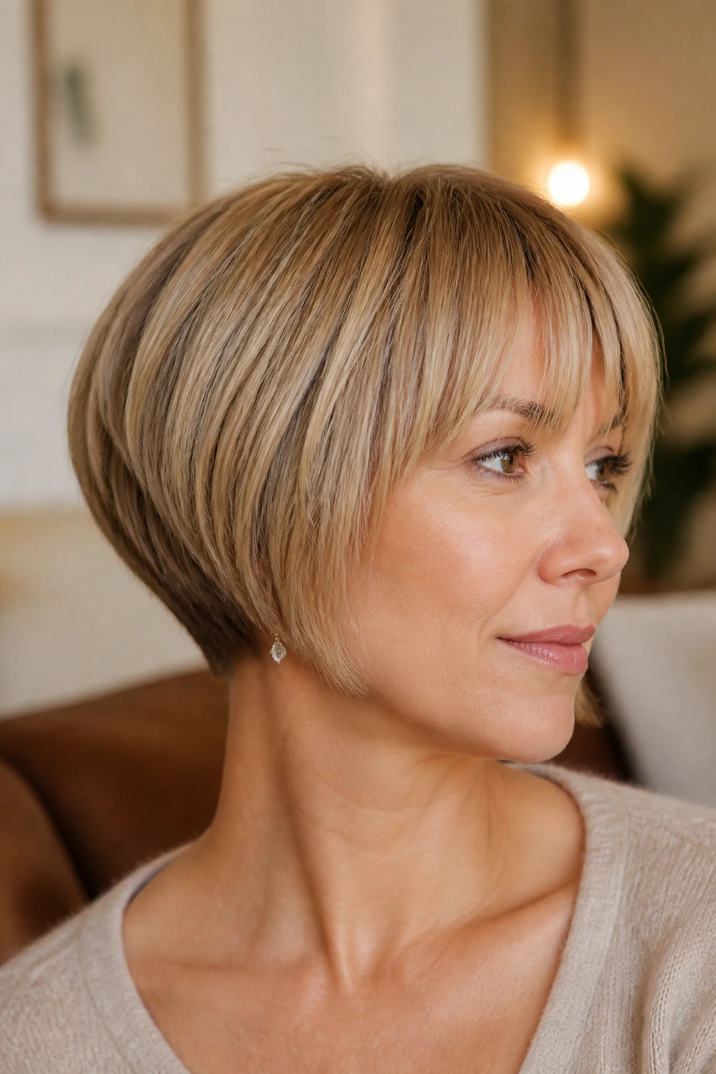 Close-up of a real person with a tapered nape, fringe, and graduated bob.