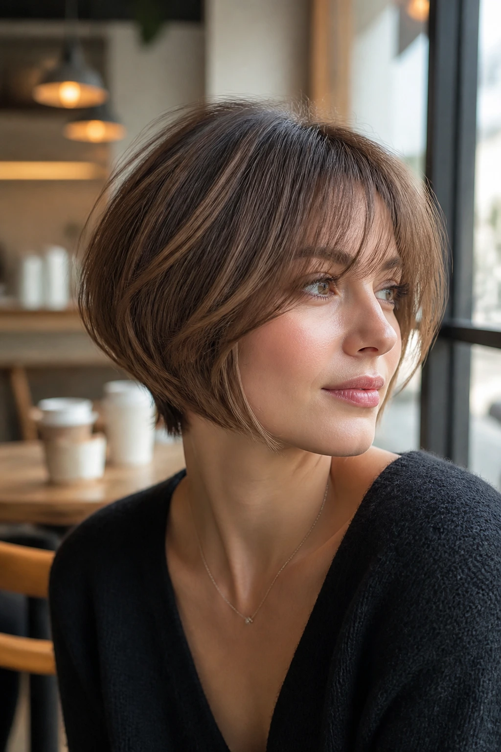 Close-up of a woman with a graduated bob and wispy bangs in a bright cafe interior.