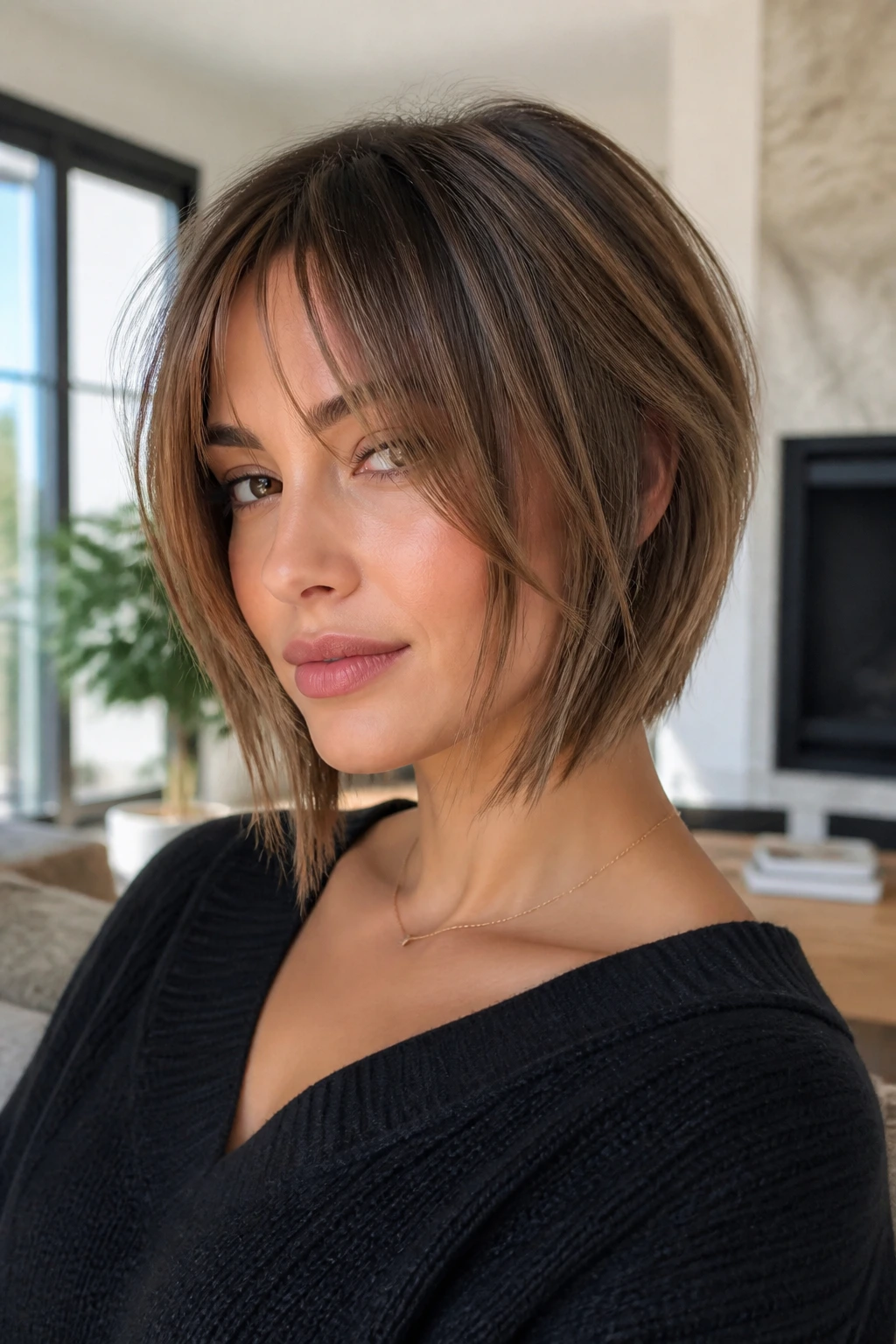 Portrait of a woman with a graduated bob and wispy curtain bangs