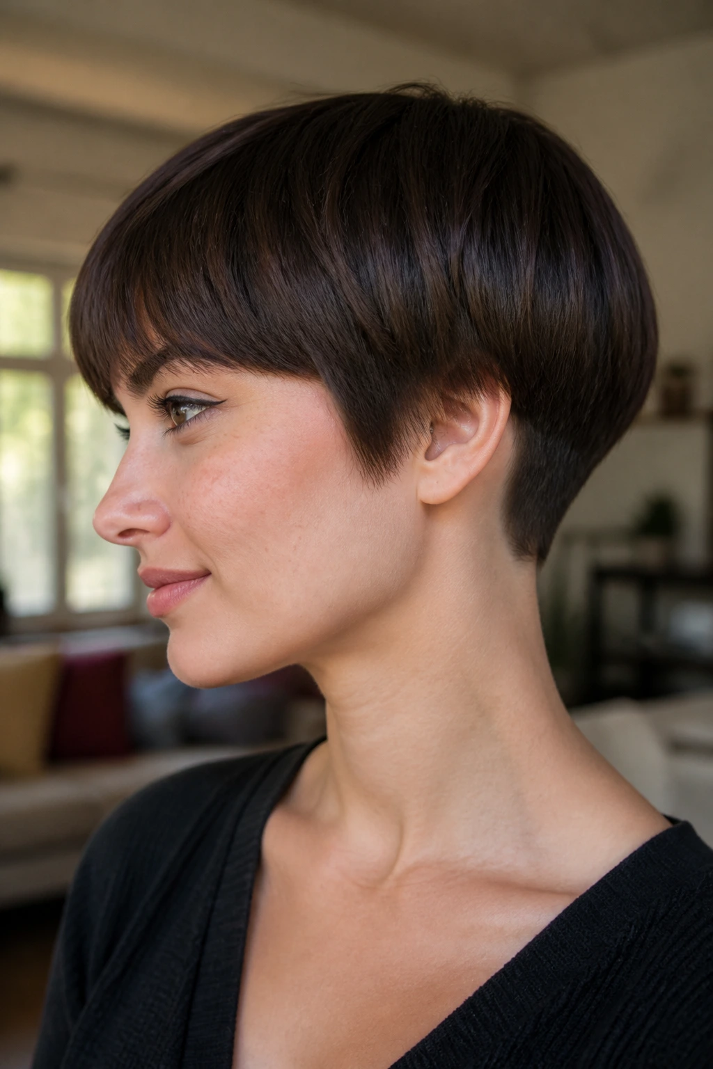 Close-up of woman with graduated bowl A-Line exposing neck