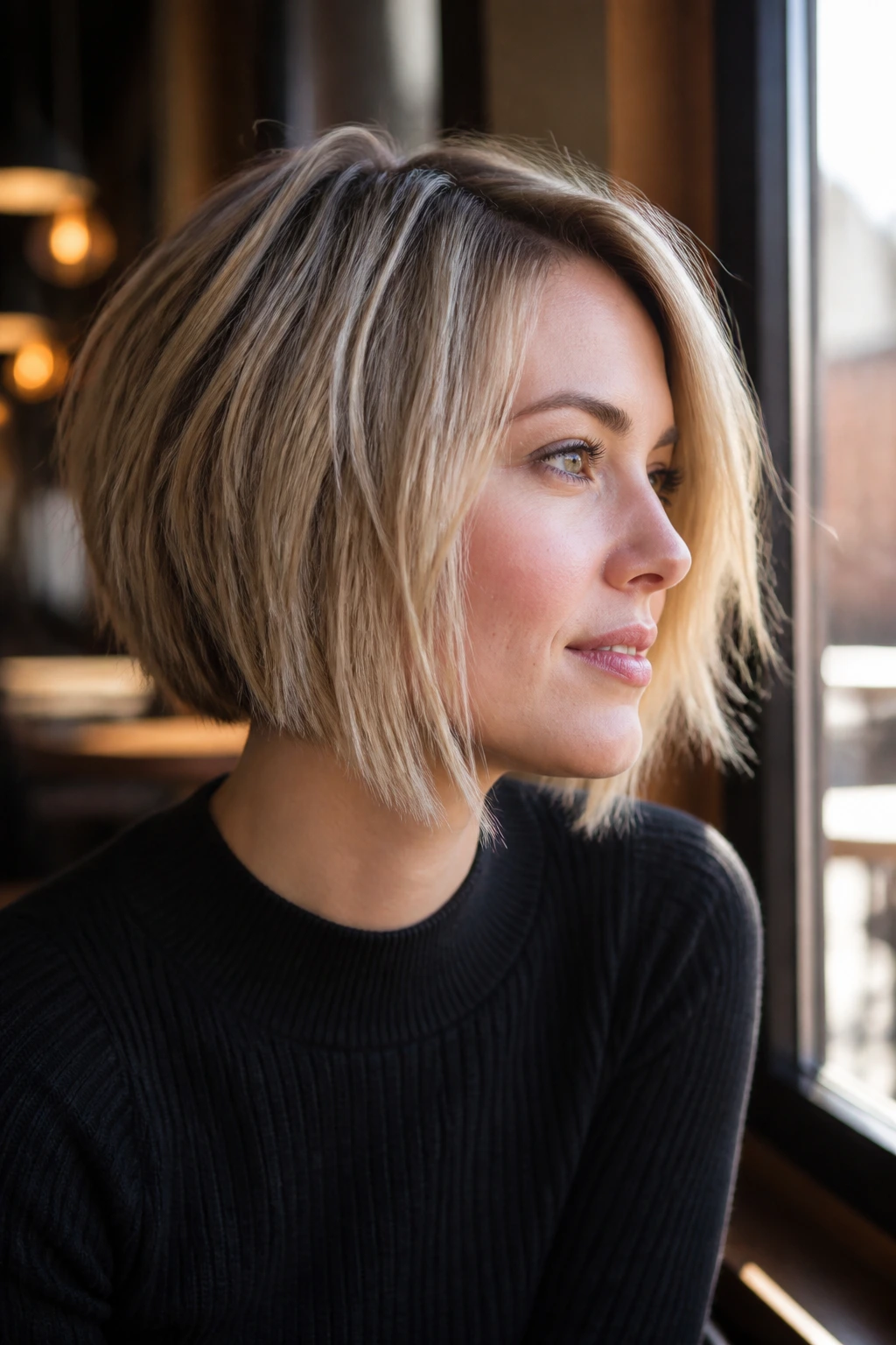 Close-up portrait of a real woman with a graduated choppy bob.
