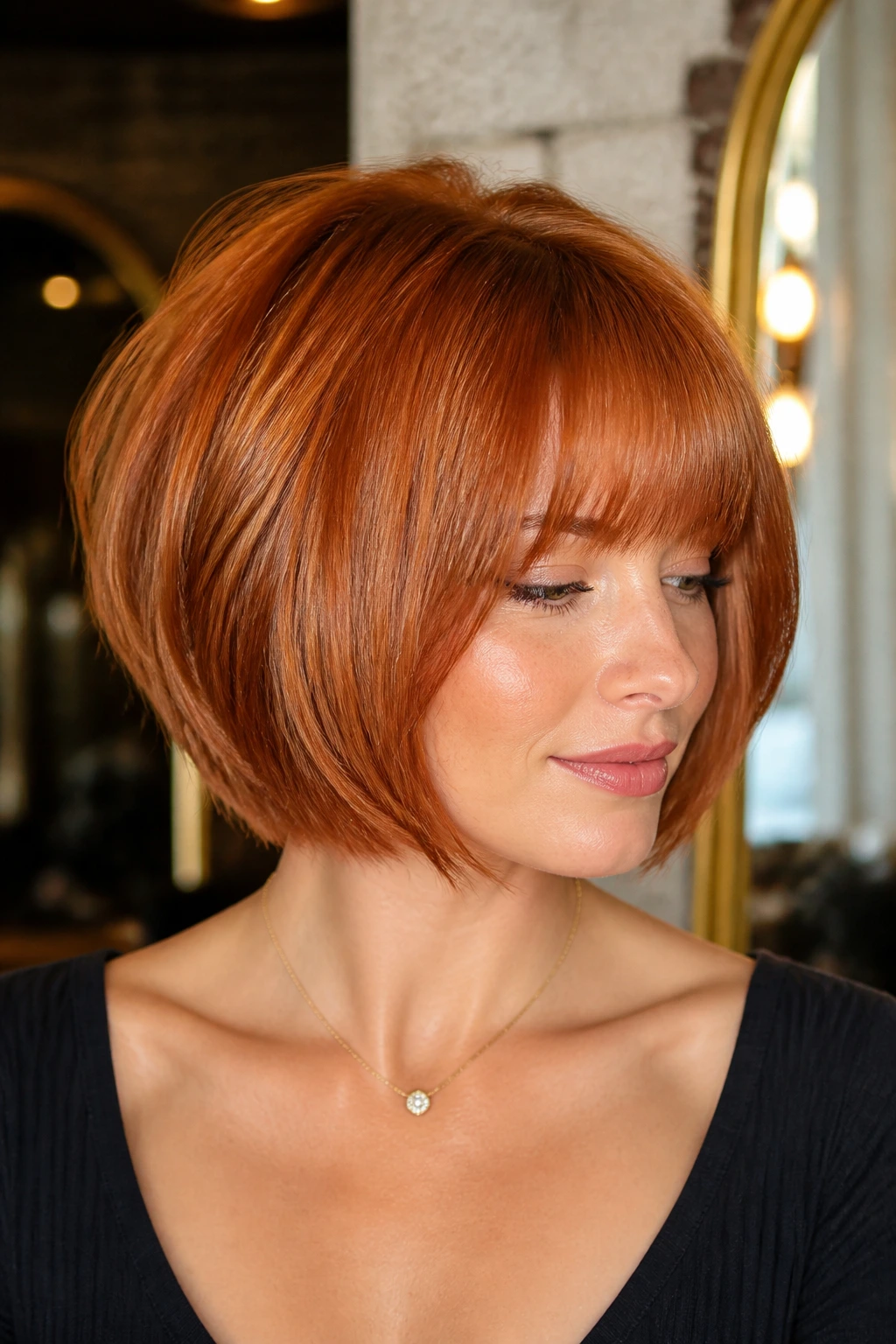 Real woman with graduated copper bob and bottleneck bangs in a chic vanity setting