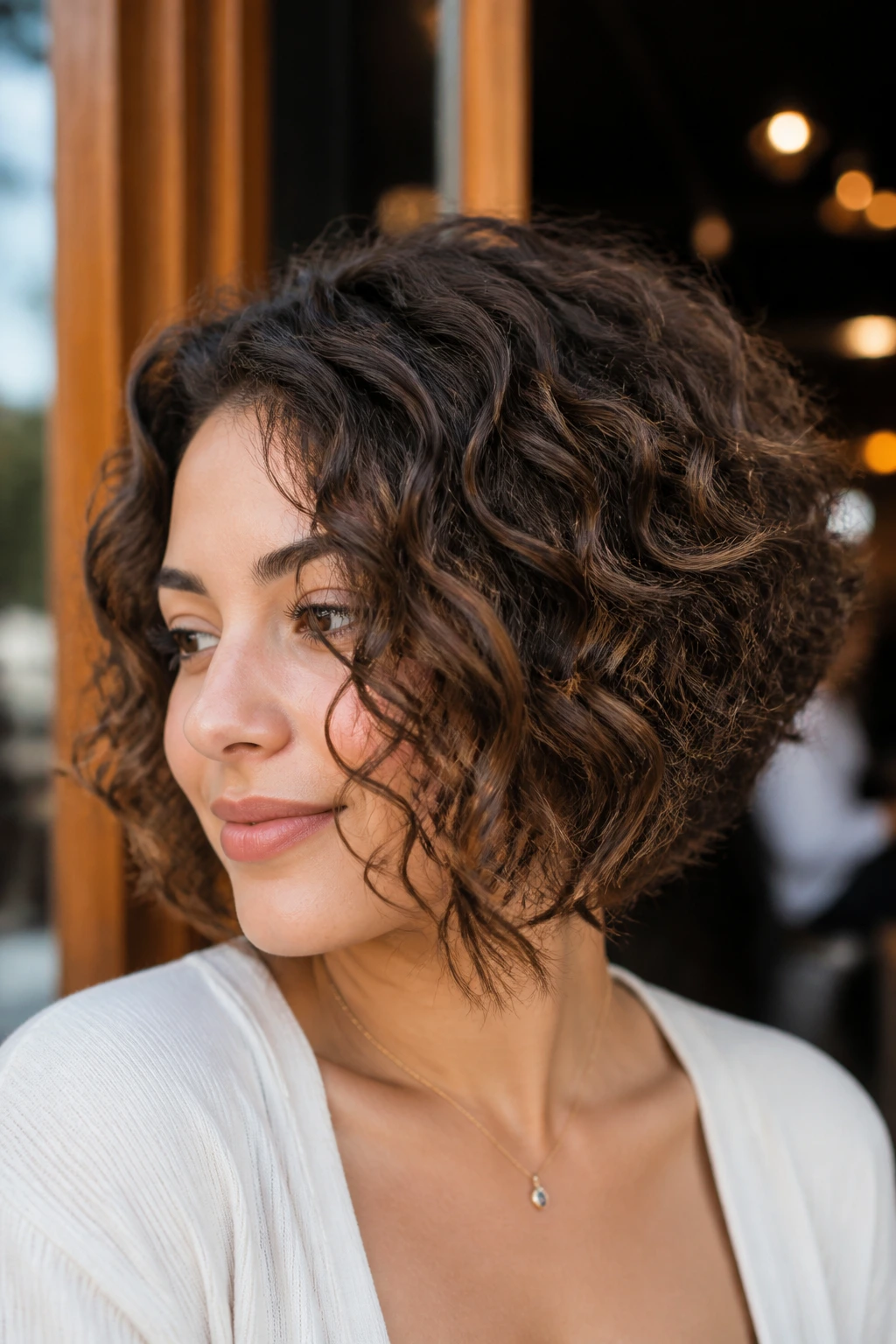 Portrait of a real person with graduated curly bob