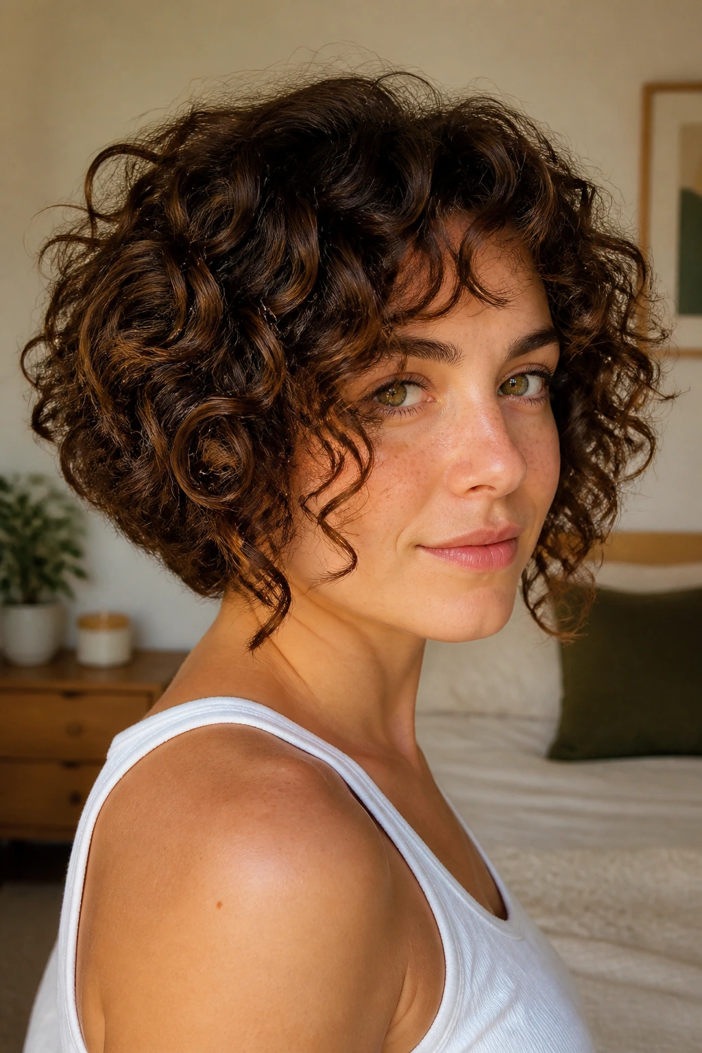 Close-up portrait of a real woman with a graduated curly bob hairstyle