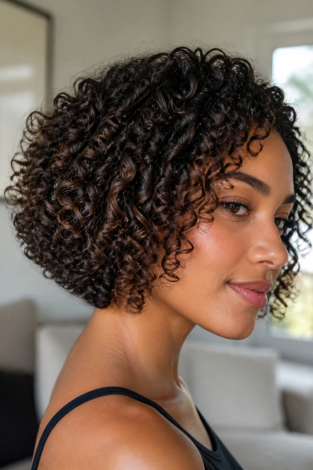 Close-up of real person with graduated curly bob showing smooth slope