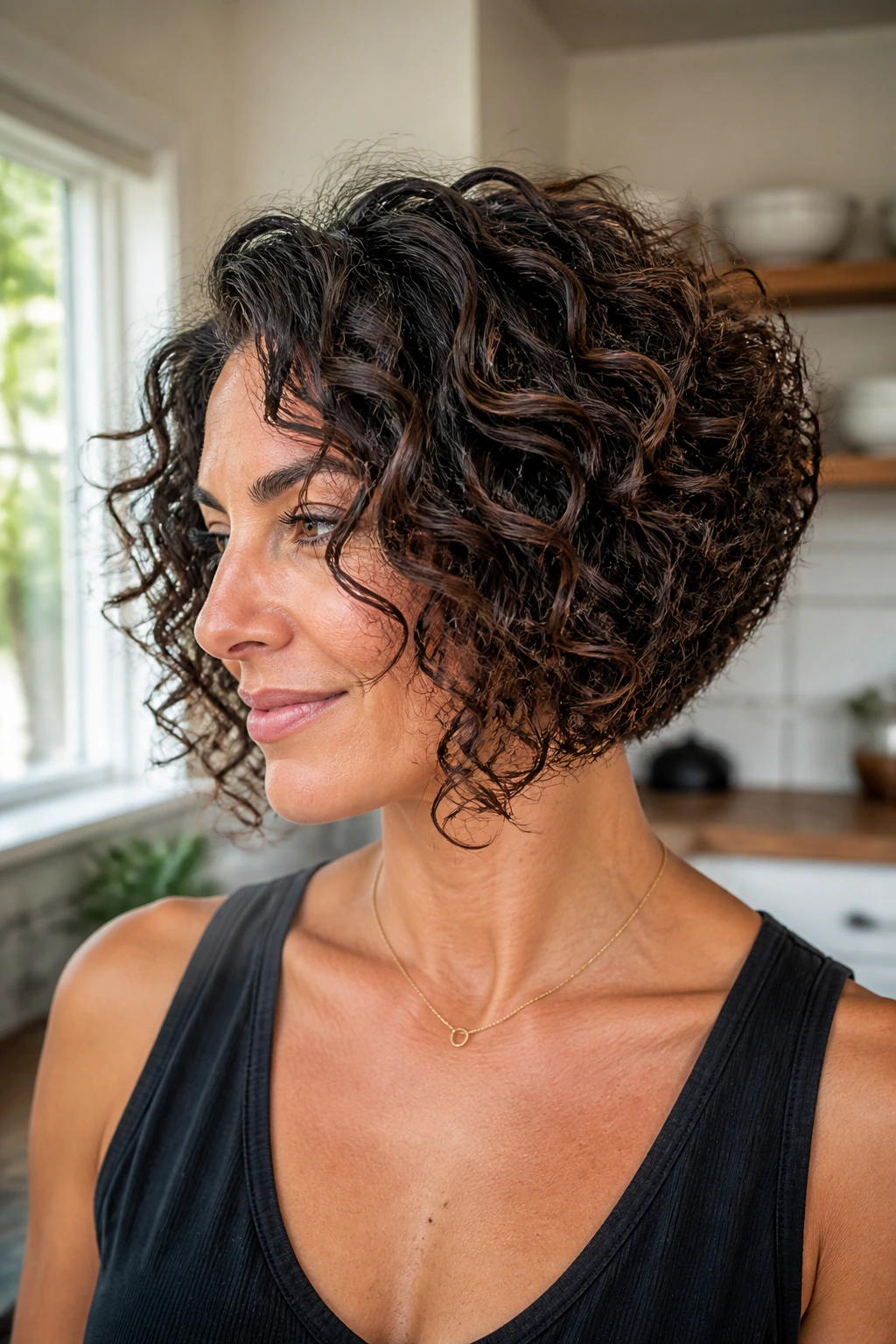Real woman with graduated curly bob in bright natural light