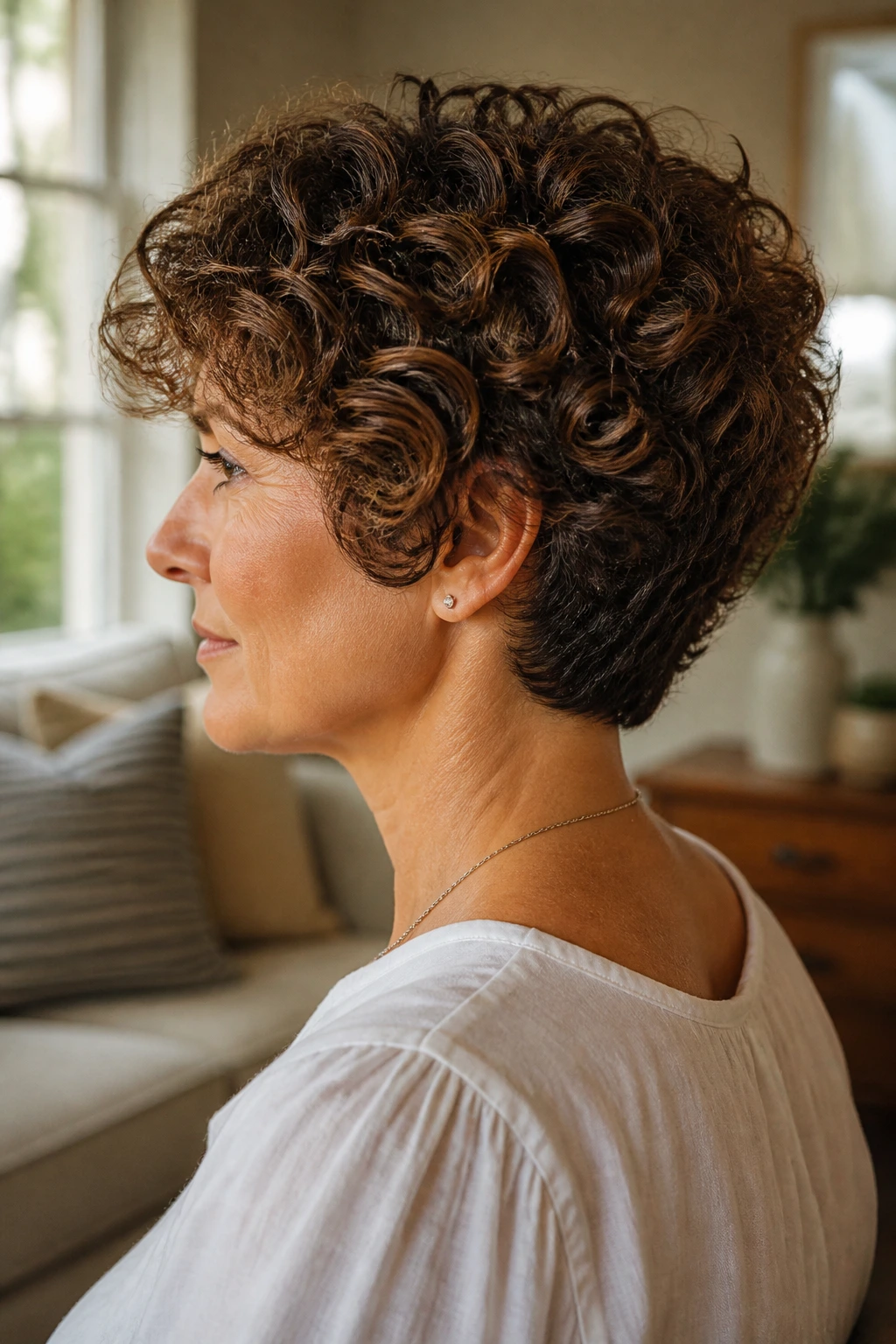 Profile portrait of a person with a graduated curly cut showing stacked back layers.