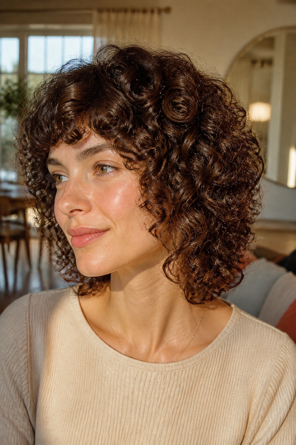 Close-up of a real person with graduated curly cut showing steps