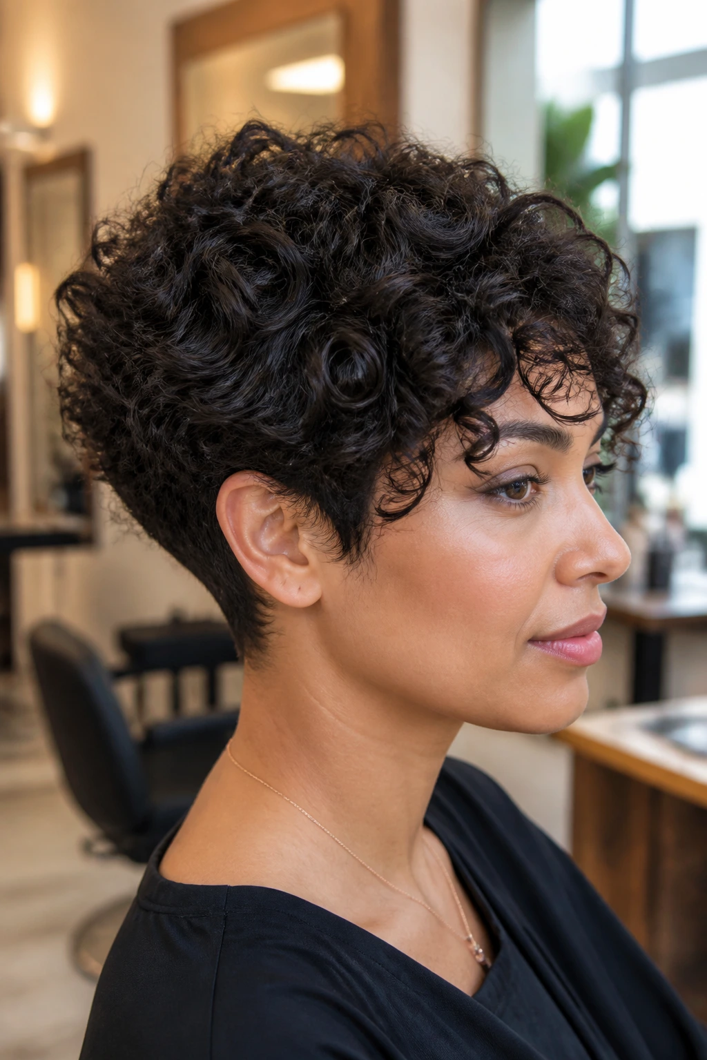 Portrait of person with graduated curly wedge hairstyle