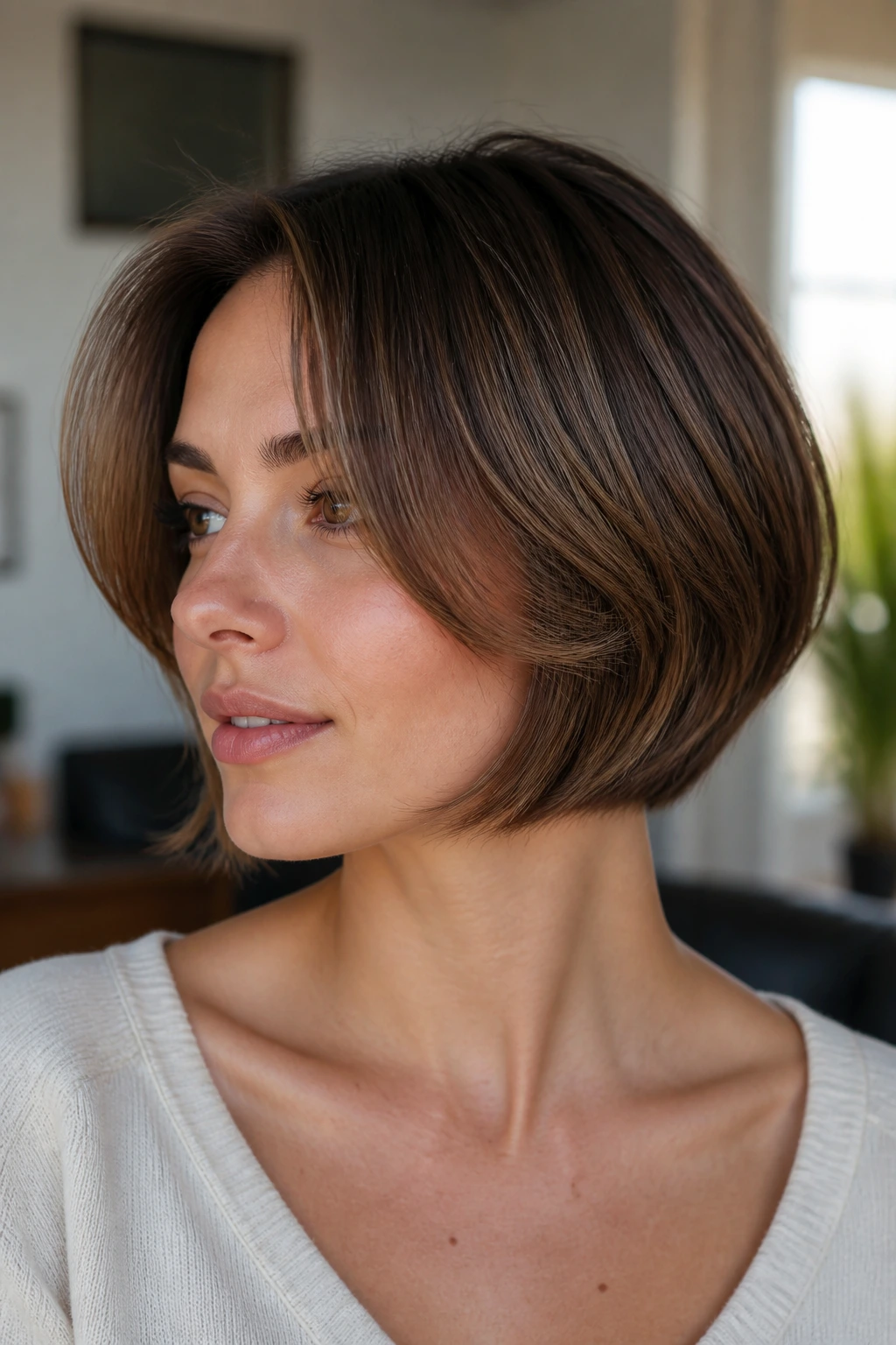 Close-up portrait of a woman with melted graduated layers in a bob