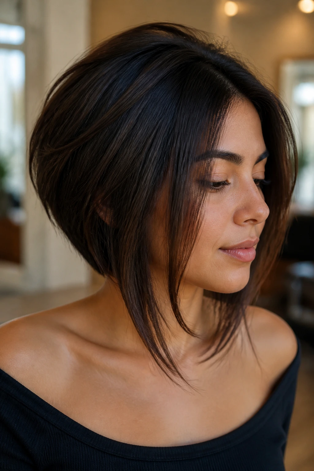 Portrait of a real woman with a graduated haircut from short back to longer front pieces