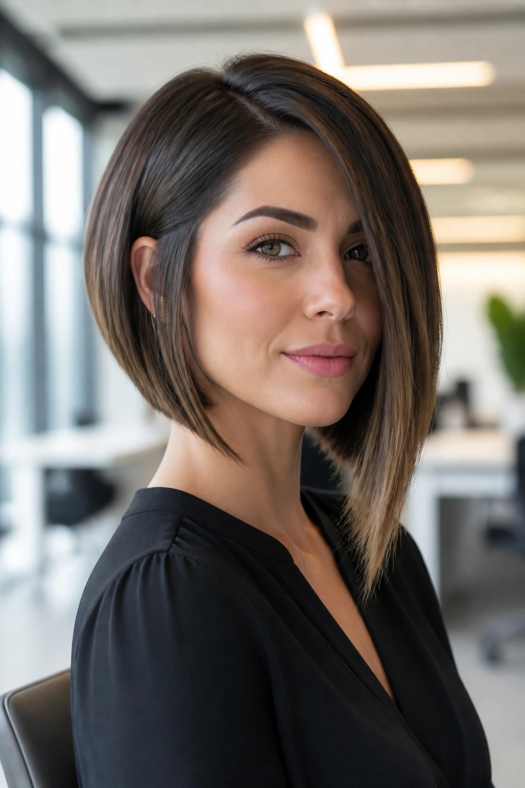 Close-up of a woman with a graduated lob hairstyle in a bright office