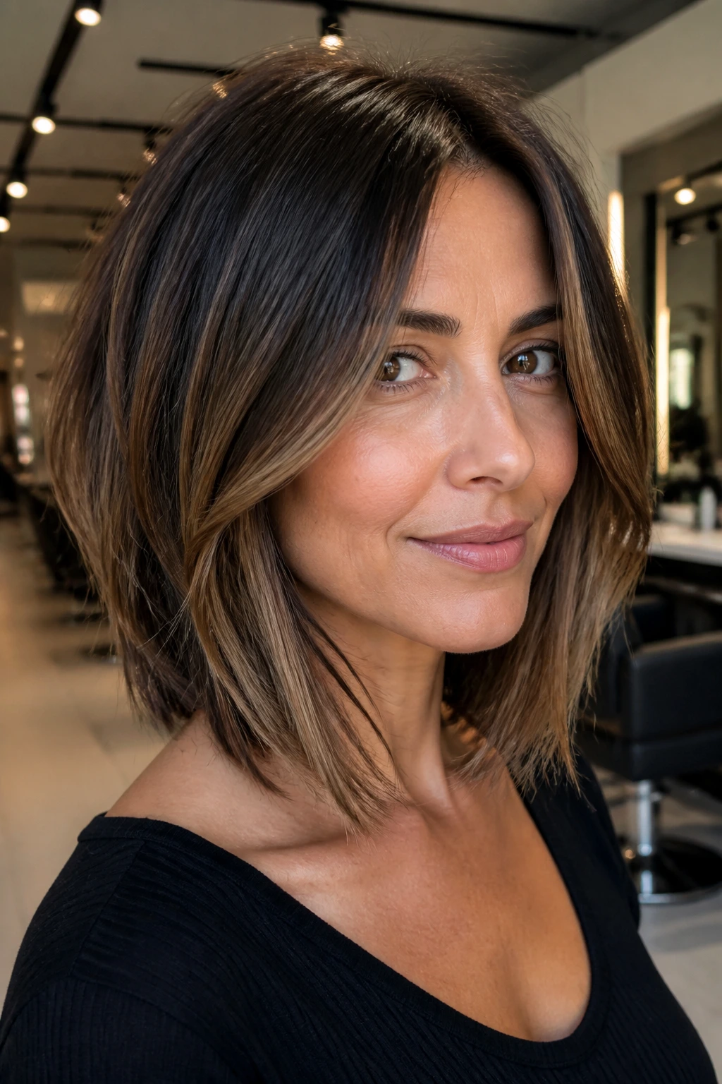 Close-up portrait of a woman with graduated lob and face-framing layers, in a salon
