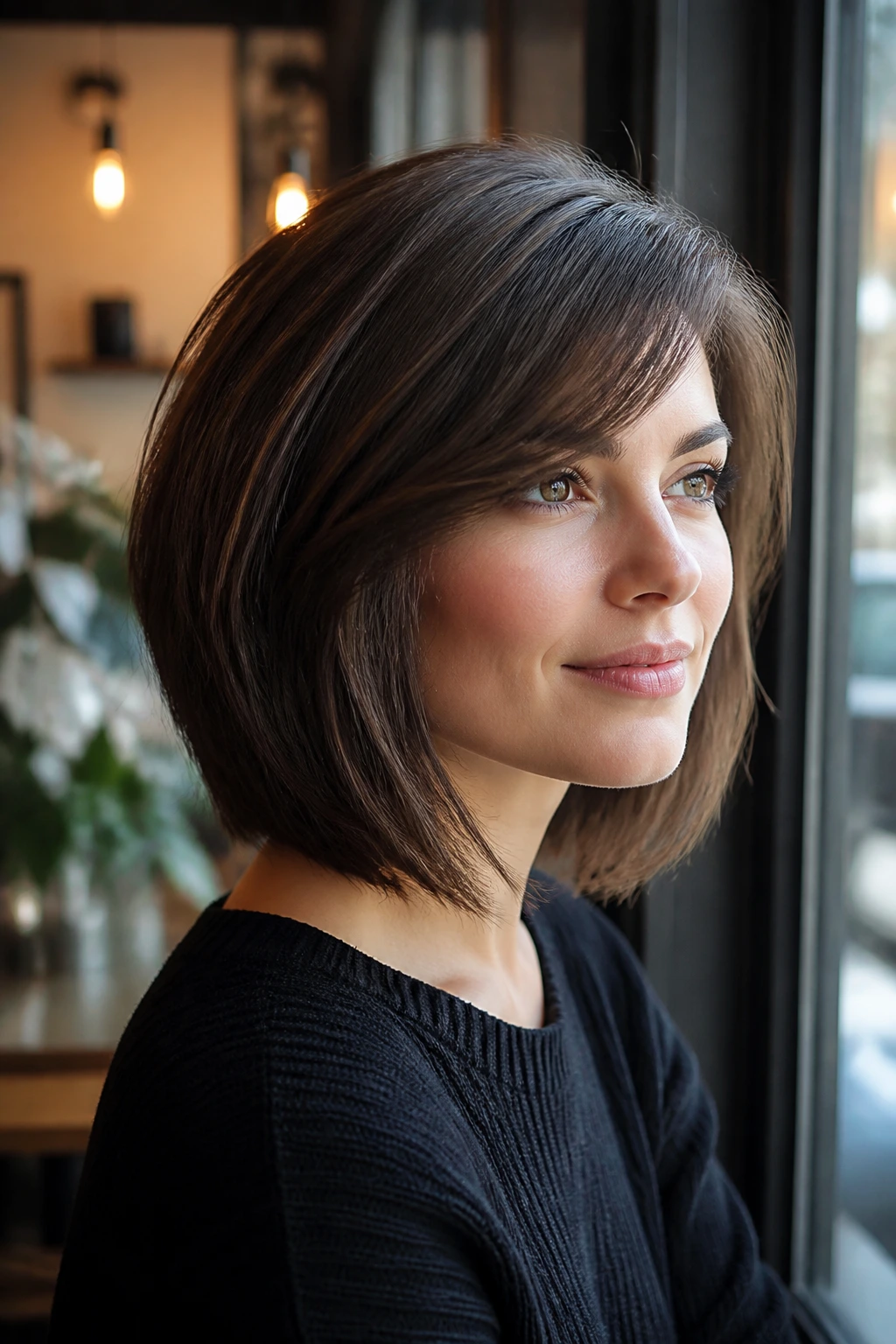 Close-up of graduated lob with side-swept bangs on a real woman