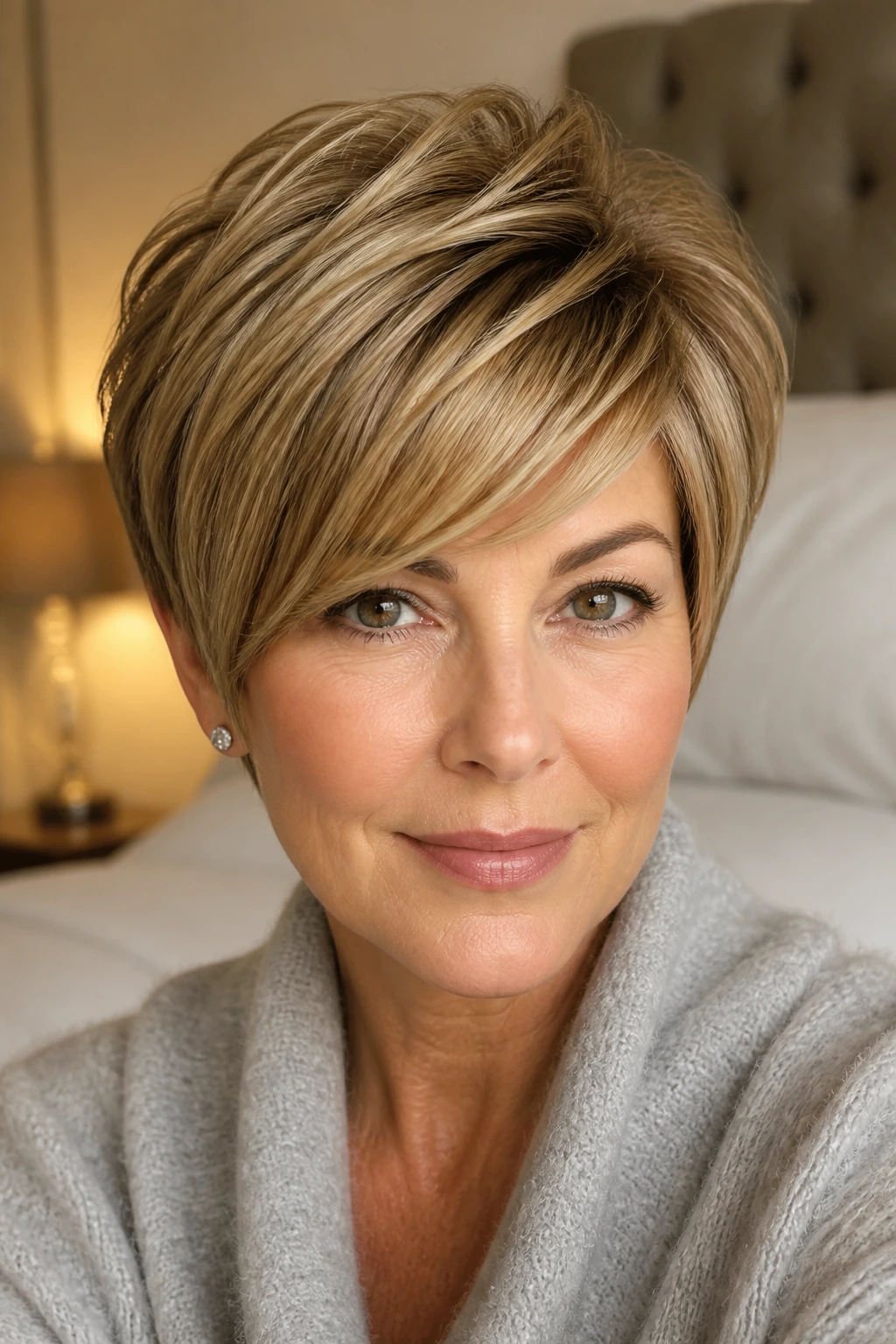 Close-up of a real woman with a graduated pixie-bob hairstyle