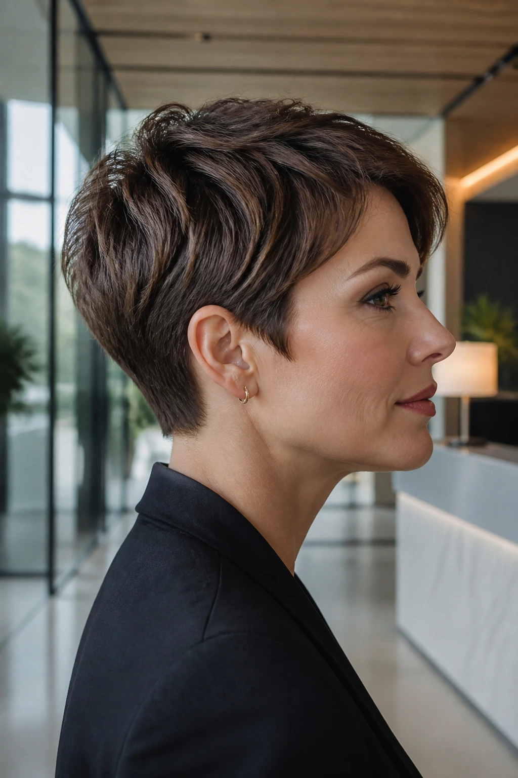 Portrait of a real person with a graduated pixie silhouette in an office setting