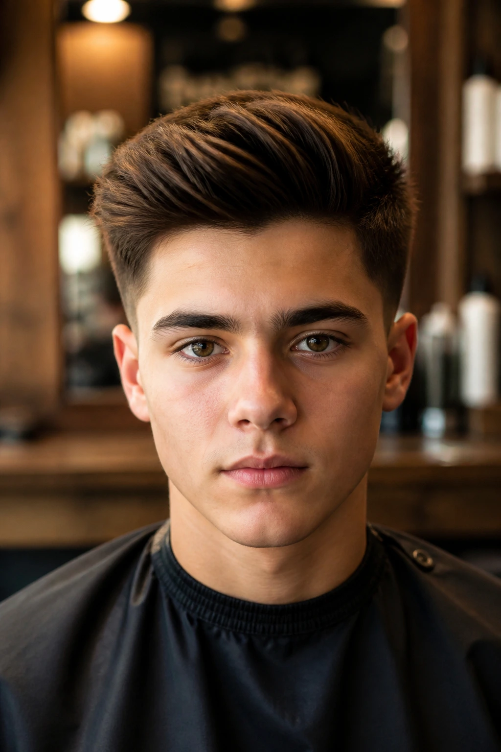 Close-up portrait of a real person with a graduated quiff in a barber shop interior