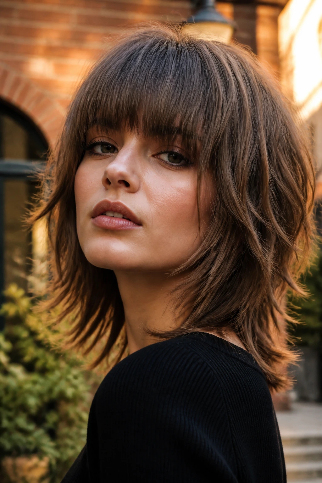 Close-up of a real woman with a graduated shag and heavy bangs in golden hour light