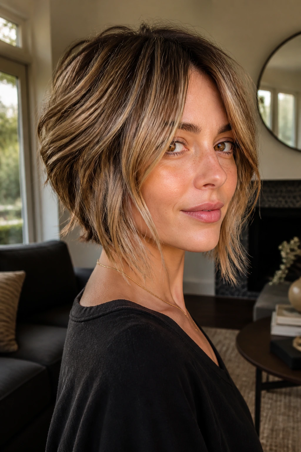 Portrait of a woman with graduated shag bob showing back-front length