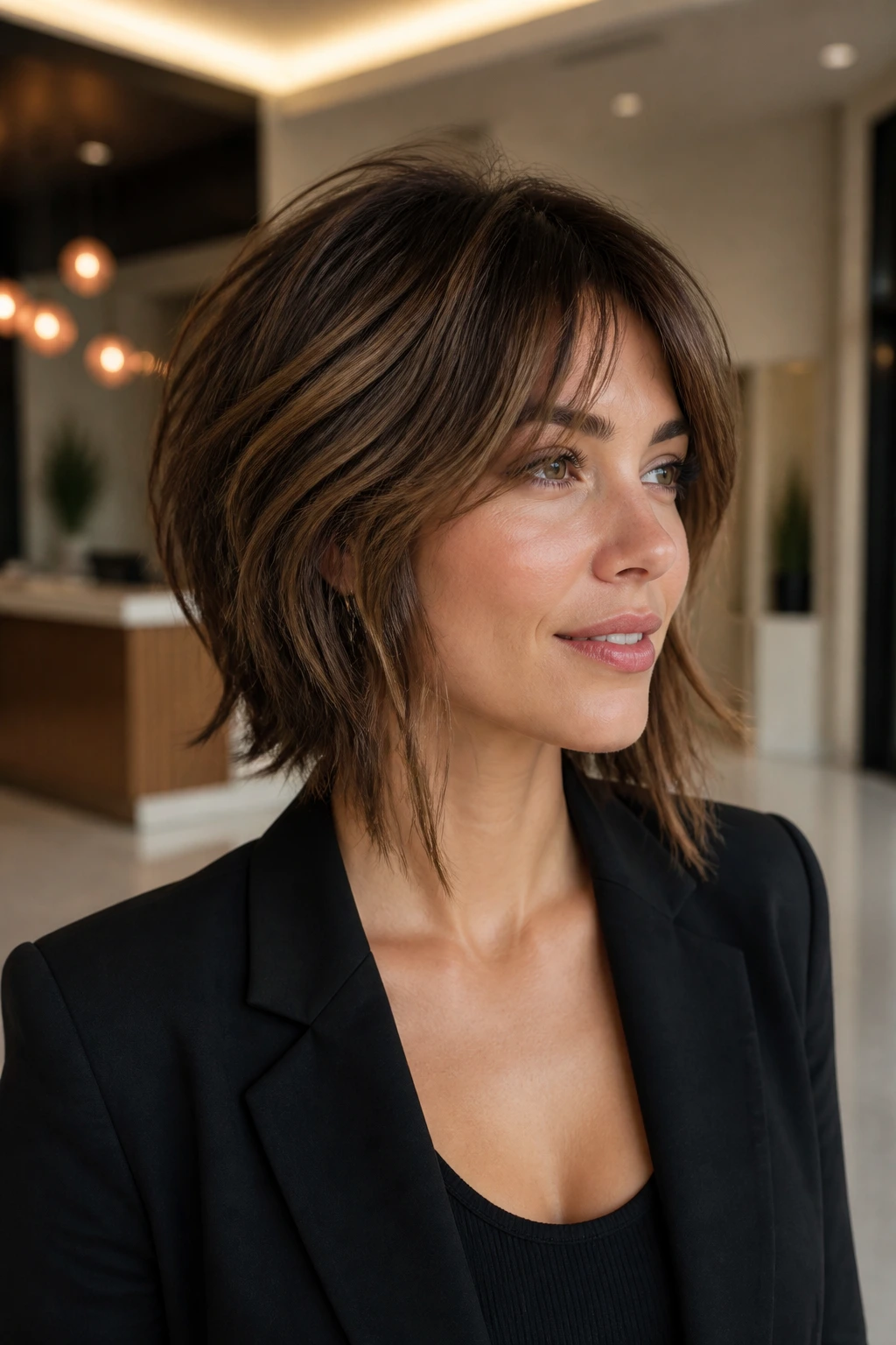 Portrait of a person with graduated shag bob and curtain bangs
