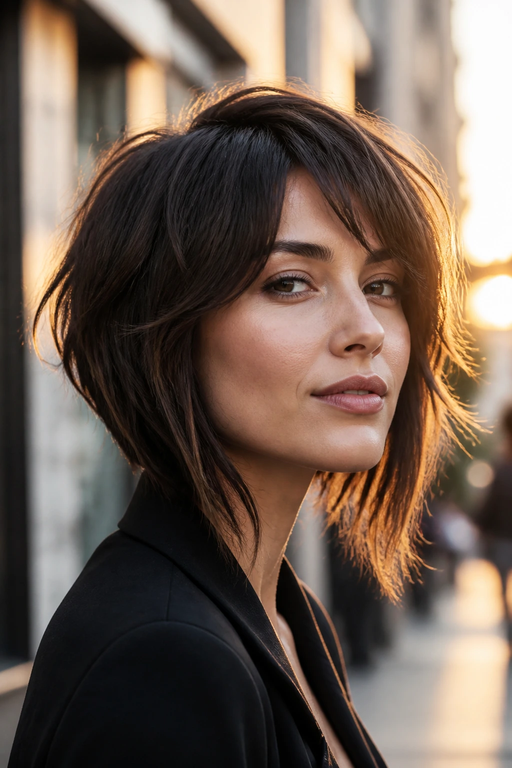 Close-up portrait of a real woman with a graduated shag bob with front length extending past the jaw.