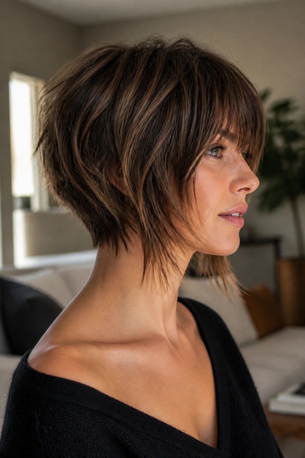 Close-up portrait of a real person showing the graduated shag cut with back stacked layers