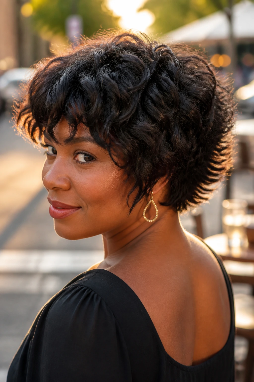 Portrait of real woman with graduated stack and flipped ends hairstyle
