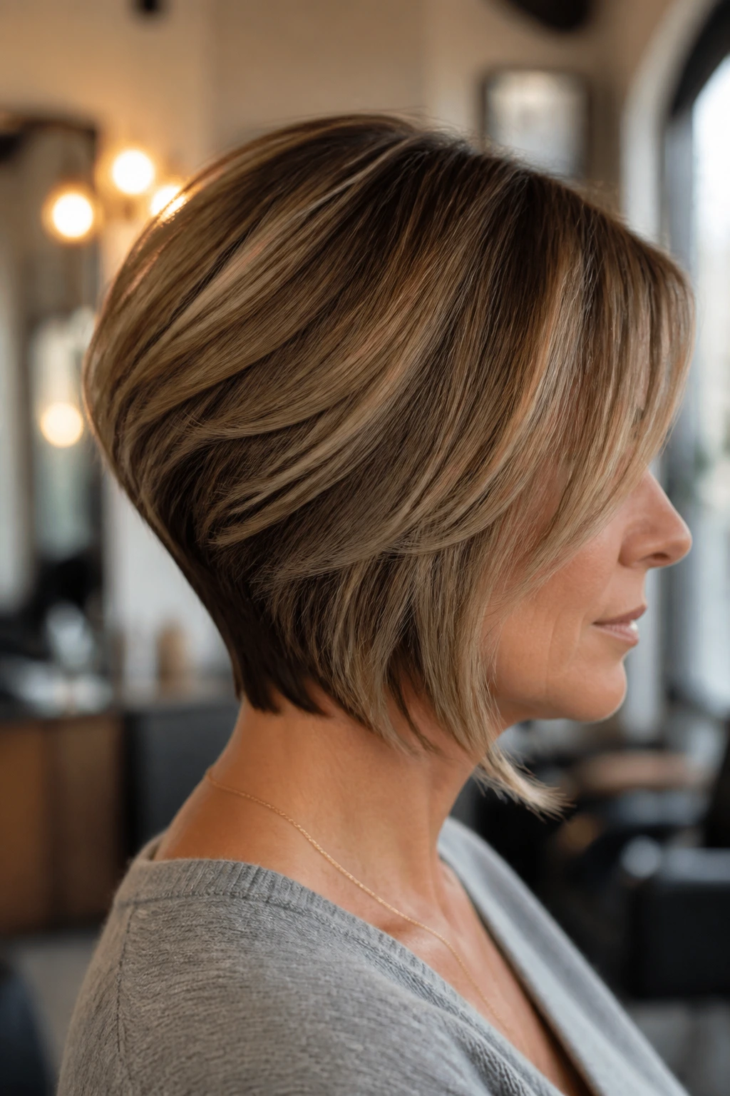 Portrait of a real woman with graduated stacked bob.