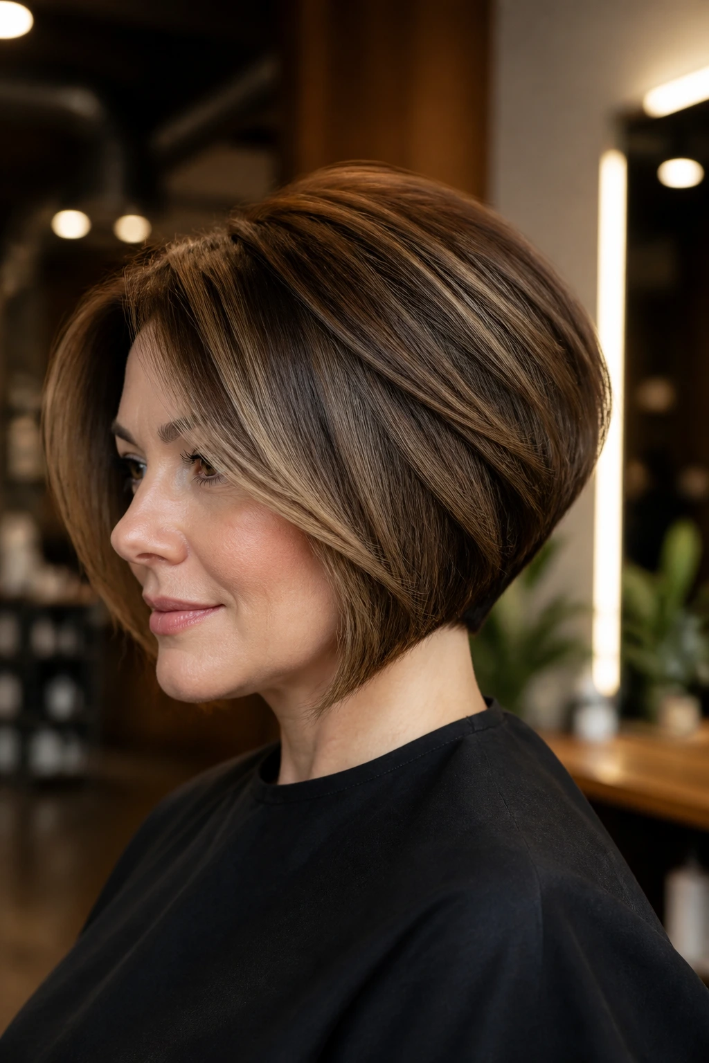 Portrait of a real person with a graduated stacked bob showing crown volume