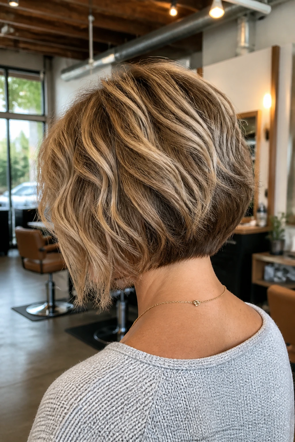 Three-quarter rear portrait of a real woman with a graduated stacked bob