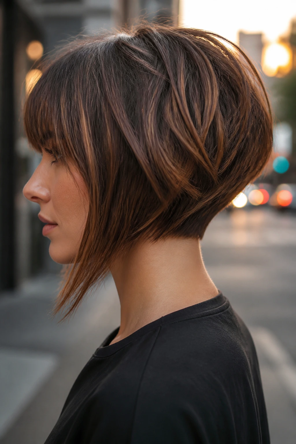 Side-profile of a real person with a graduated stacked bob on an urban street at dusk.