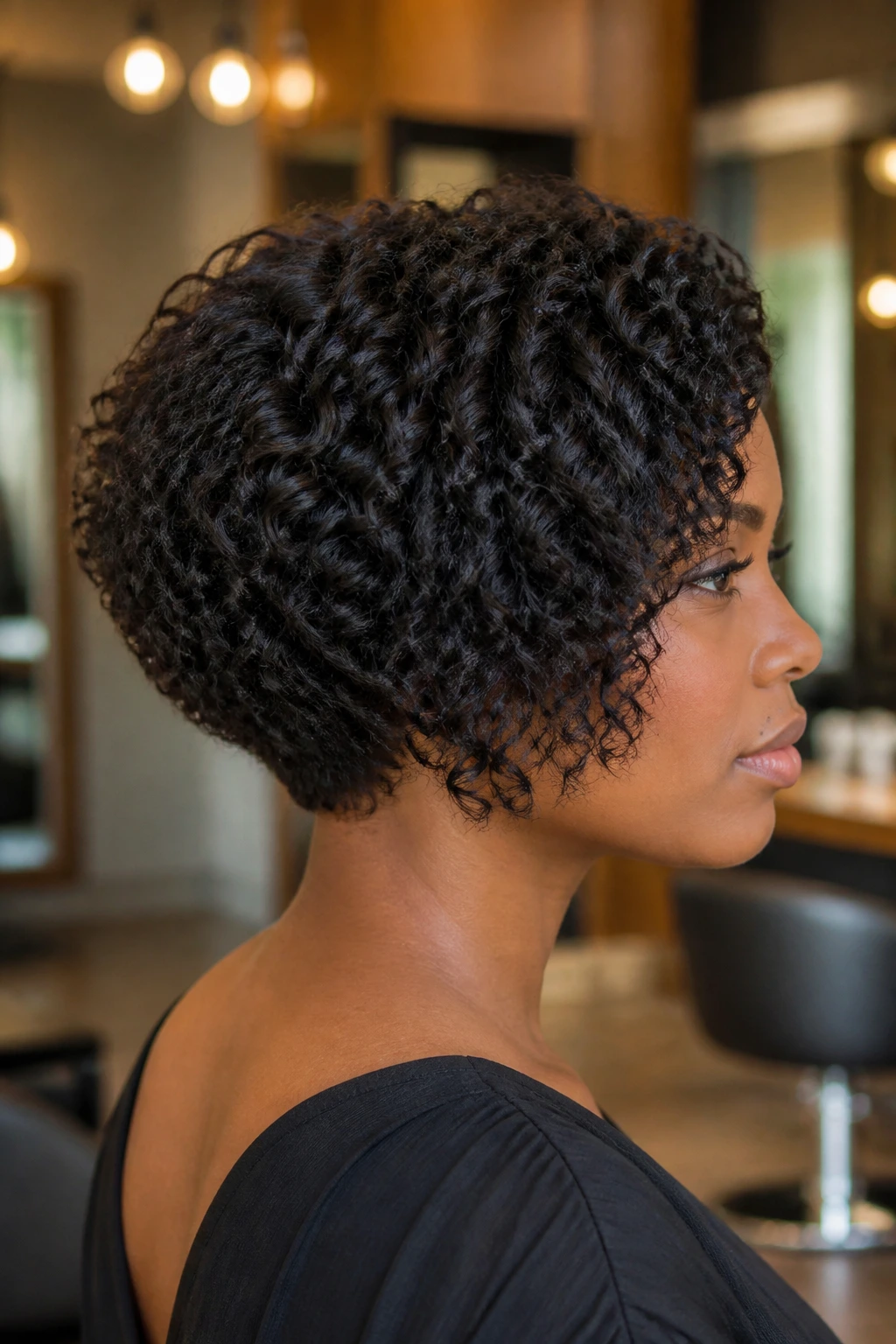 Real person with graduated stacked bob in a warm salon setting