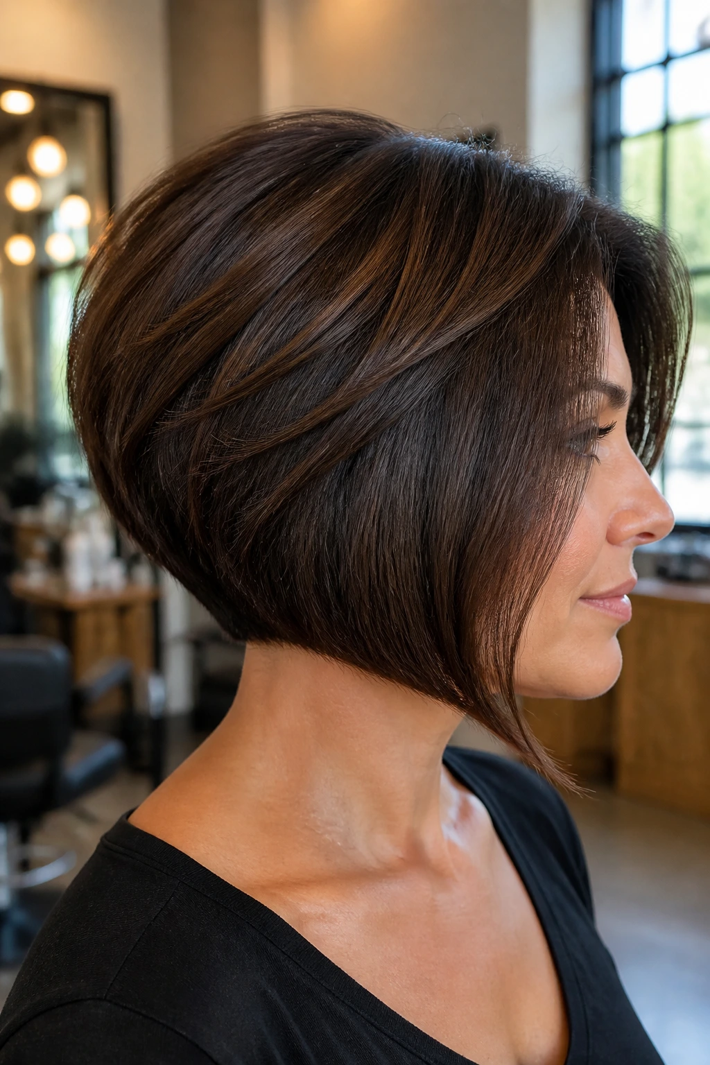 Close-up portrait of a real woman with a classic graduated stacked bob