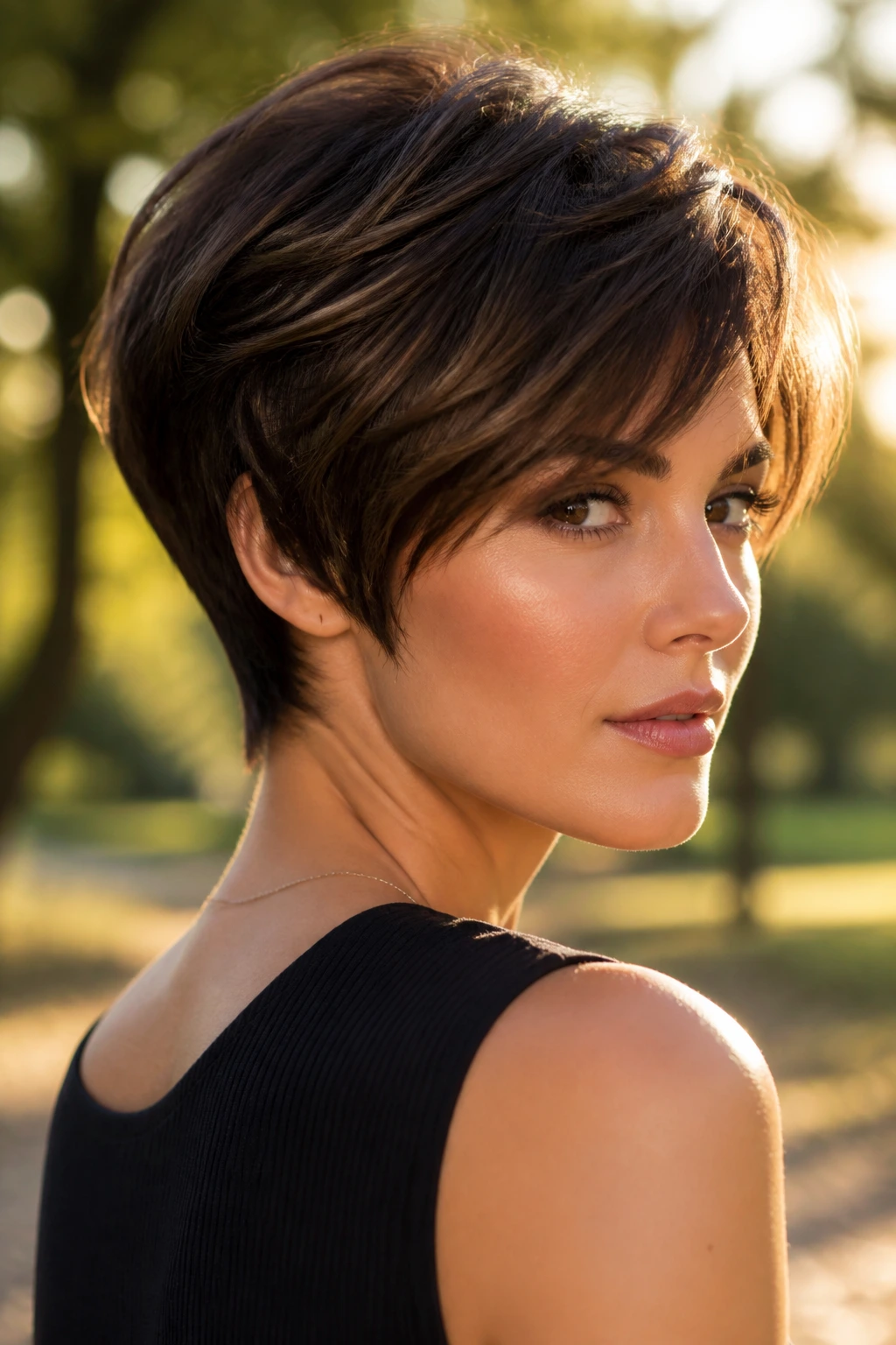 Three-quarter portrait of a real woman with graduated stacked crop hairstyle