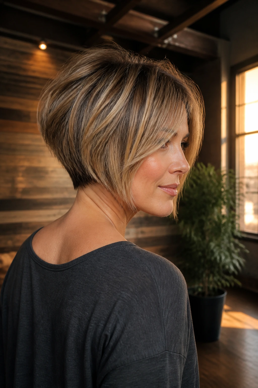 Three-quarter portrait of a real woman with graduated stacked razored bob in an urban loft